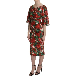 Red Floral Sheath Midi Silk Stretch Dress