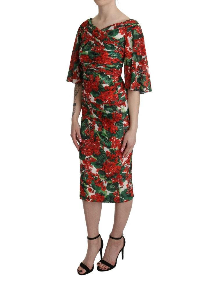 Red Floral Sheath Midi Silk Stretch Dress