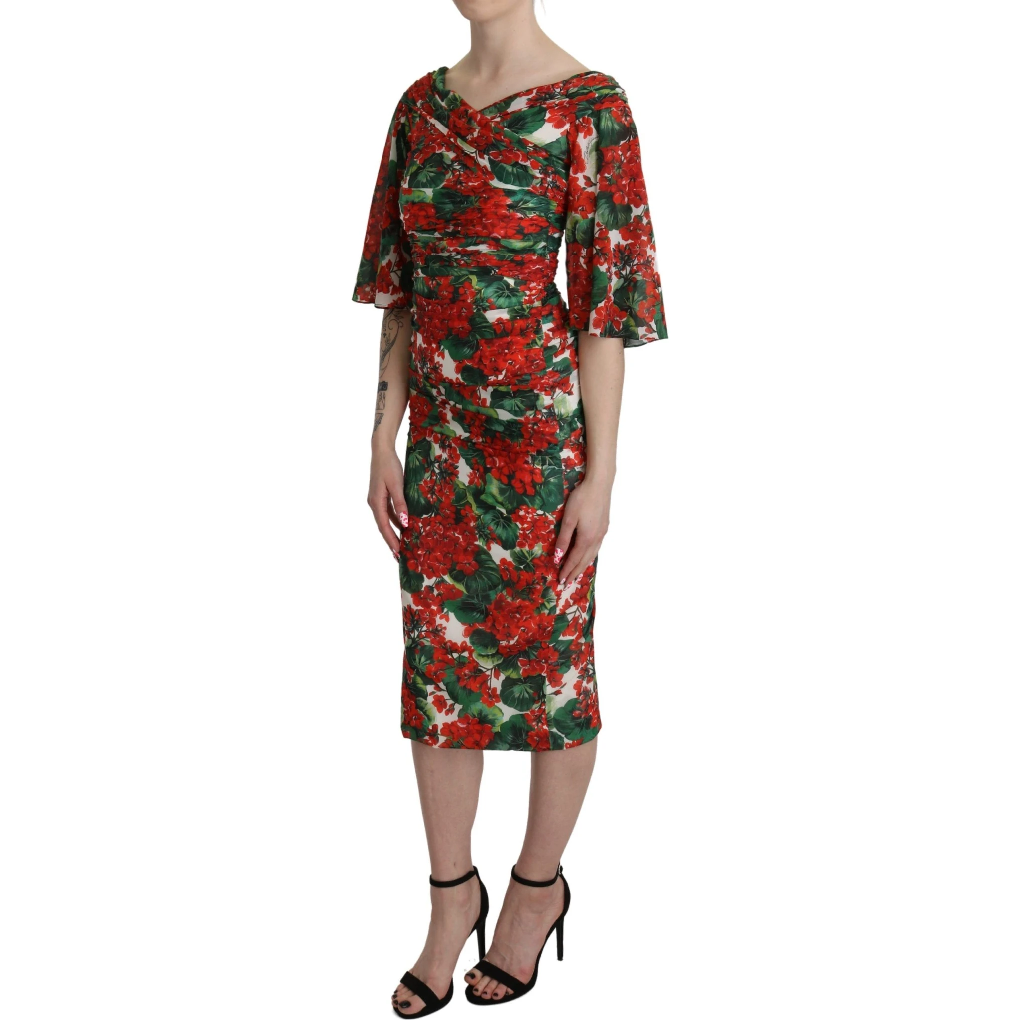 Red Floral Sheath Midi Silk Stretch Dress