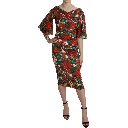 Red Floral Sheath Midi Silk Stretch Dress