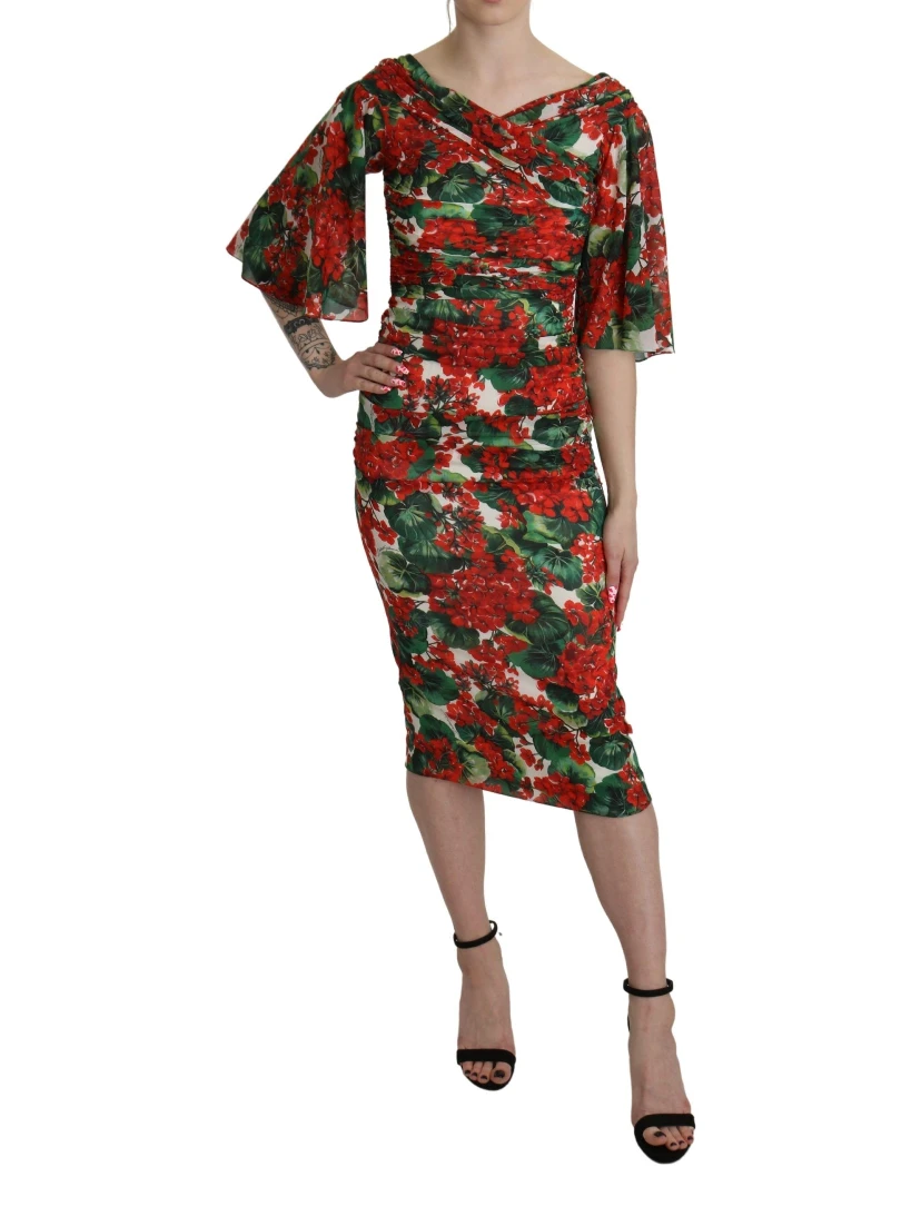 Red Floral Sheath Midi Silk Stretch Dress