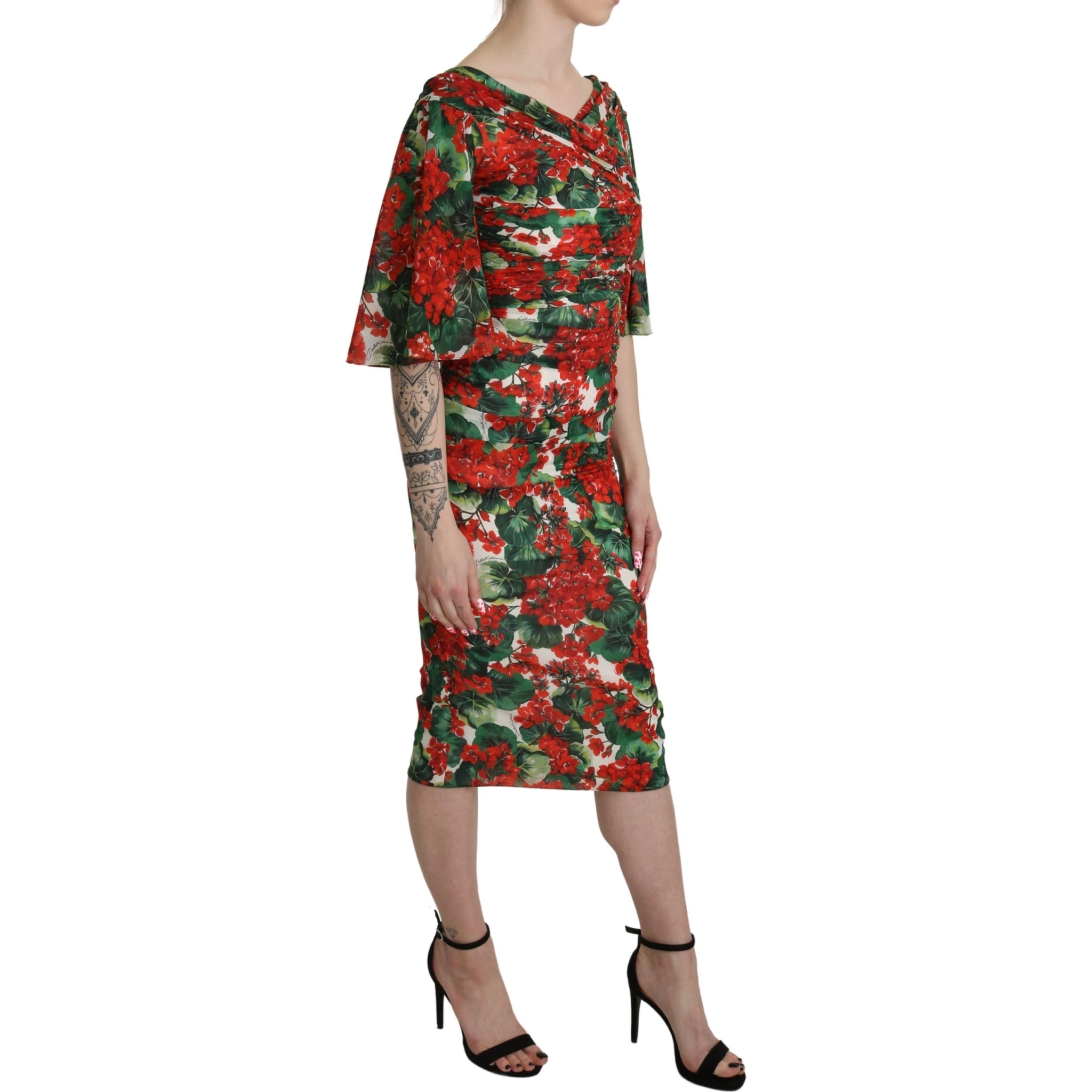 Red Floral Sheath Midi Silk Stretch Dress