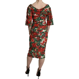 Red Floral Sheath Midi Silk Stretch Dress