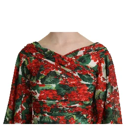Red Floral Sheath Midi Silk Stretch Dress