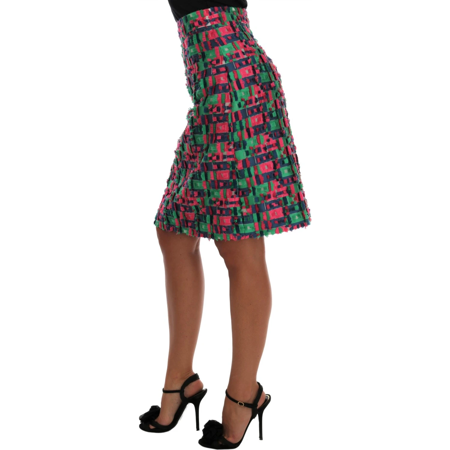 Pink Green Jacquard Pencil Skirt