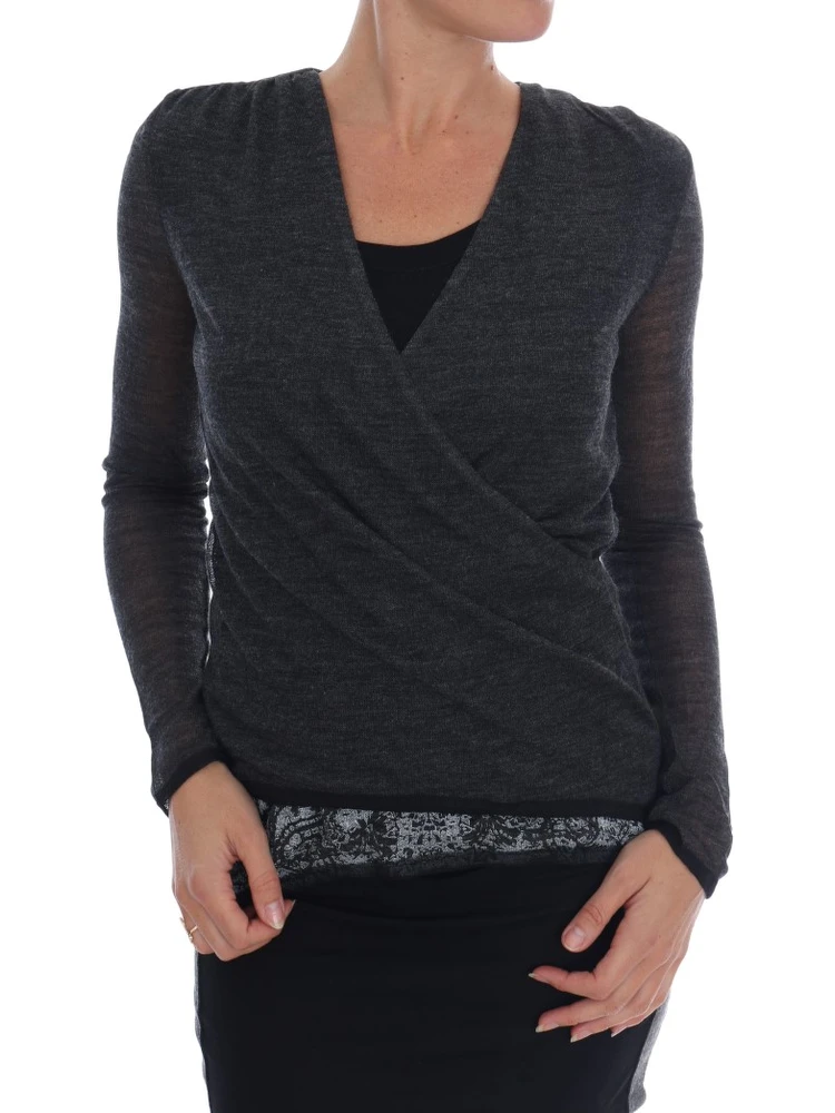 Gray Wool Lace Top Long Sleeved T-shirt