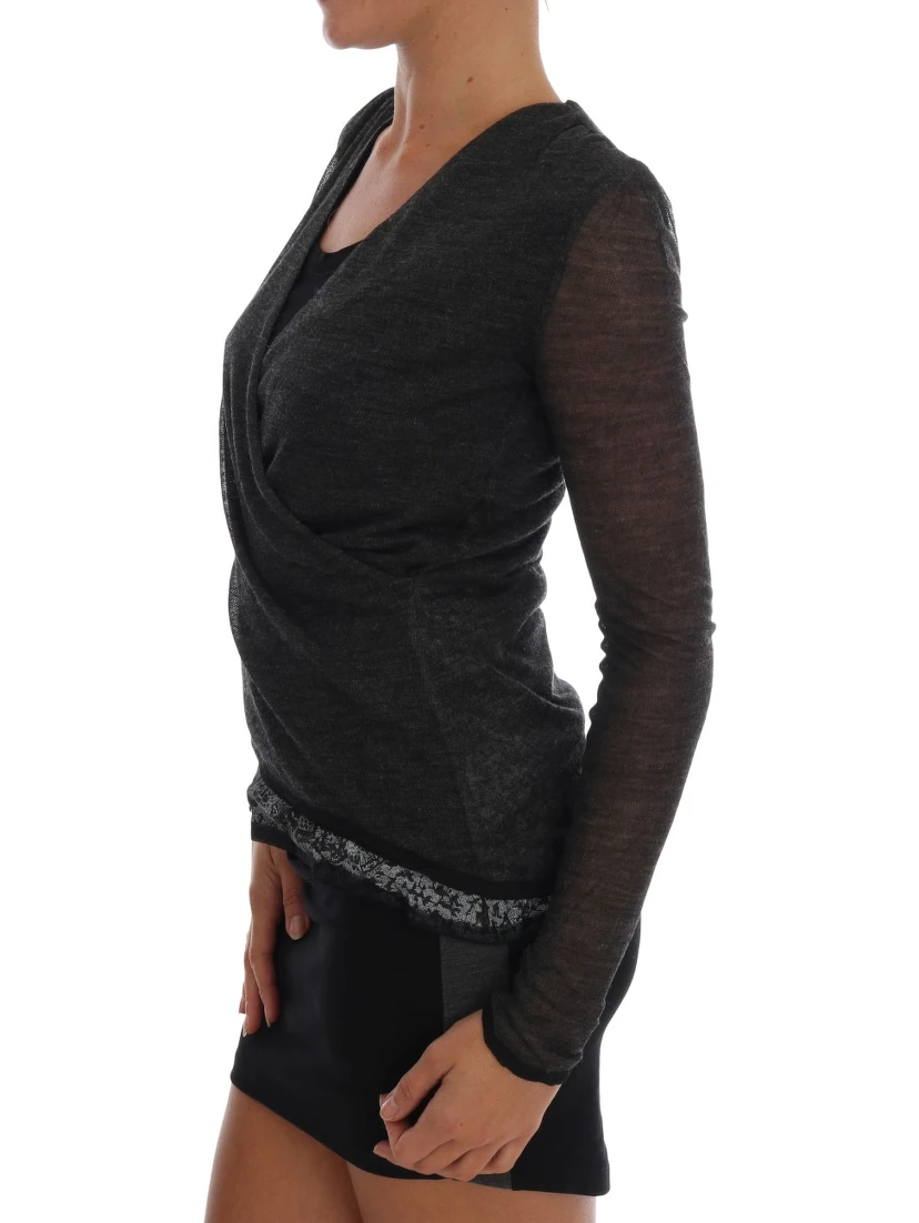 Gray Wool Lace Top Long Sleeved T-shirt
