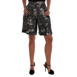 Gray Floral Brocade High Waist Shorts
