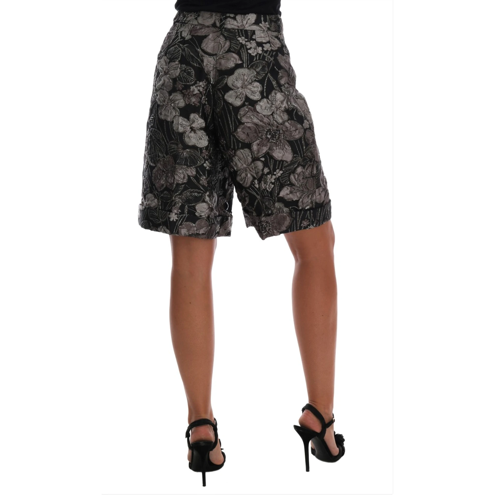Gray Floral Brocade High Waist Shorts