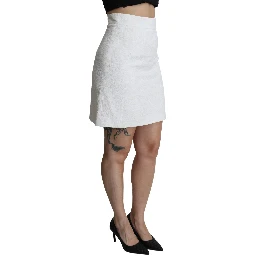 White Floral High Waist Mini Brocade Skirt