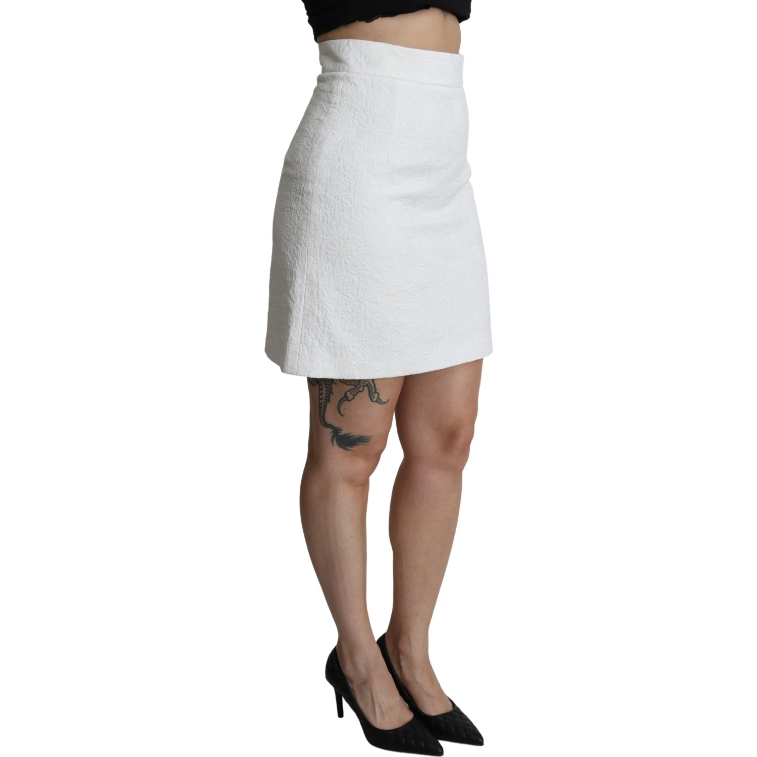 White Floral High Waist Mini Brocade Skirt