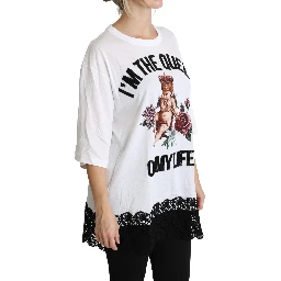 White Angel Print Cotton Round Neck Shirt Tops