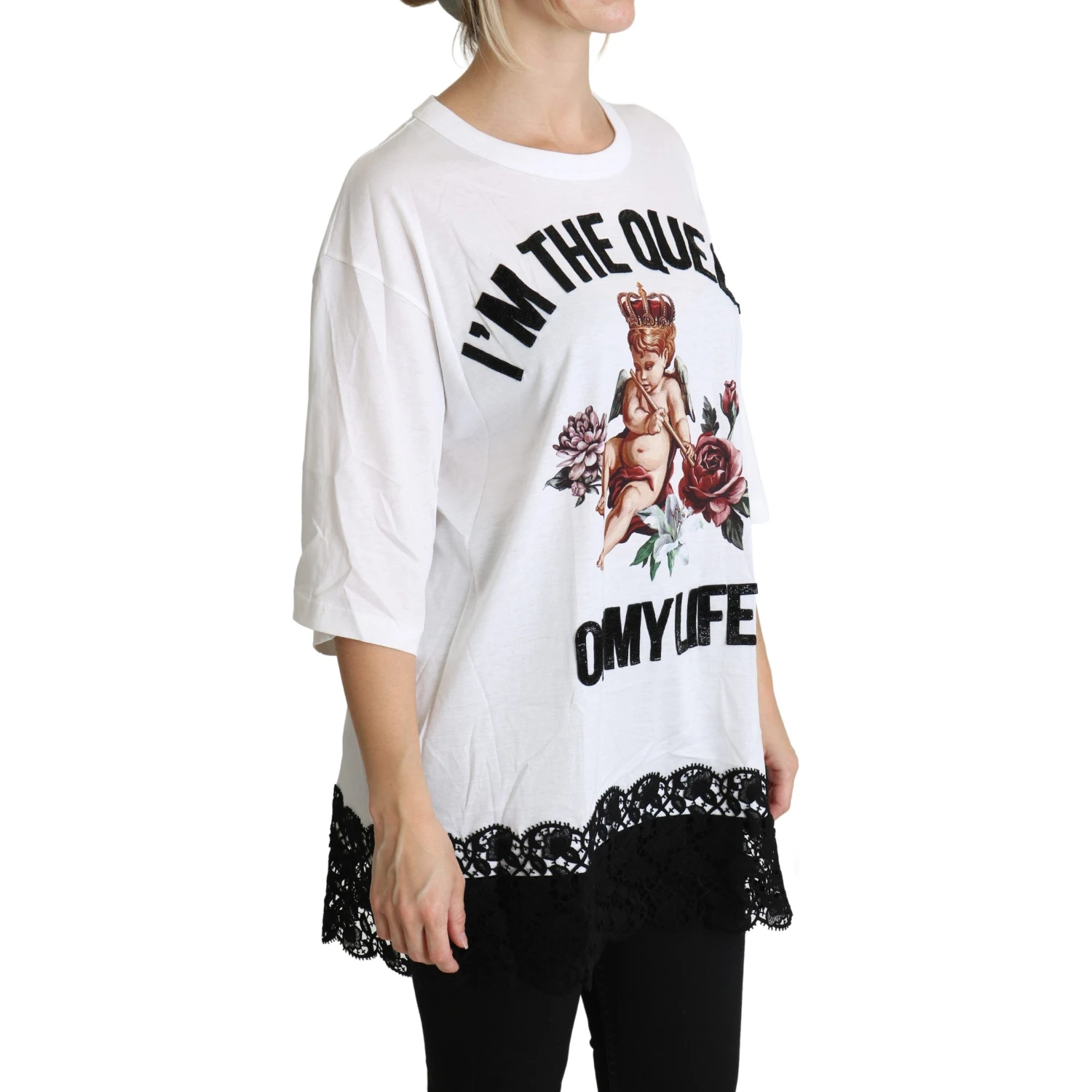 White Angel Print Cotton Round Neck Shirt Tops