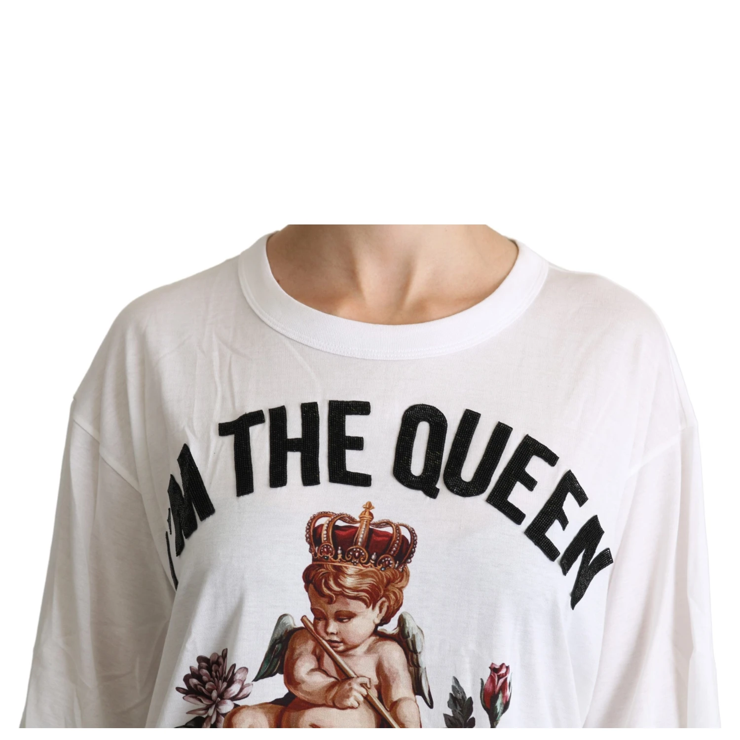 White Angel Print Cotton Round Neck Shirt Tops