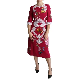 Red Floral Embroidered Sheath Midi Dress