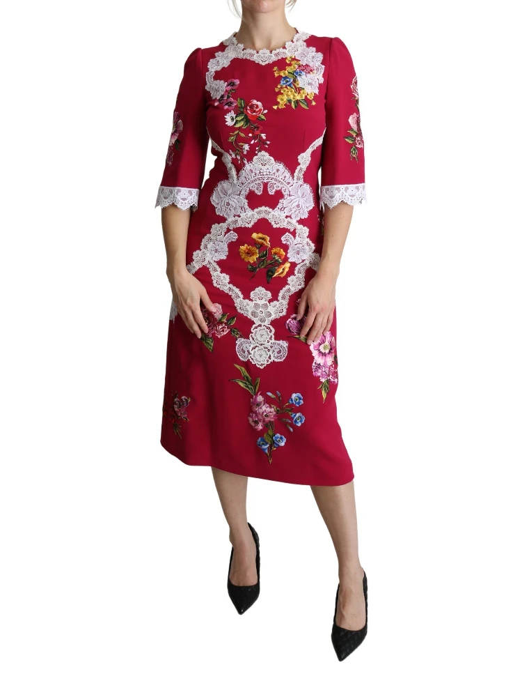 Red Floral Embroidered Sheath Midi Dress