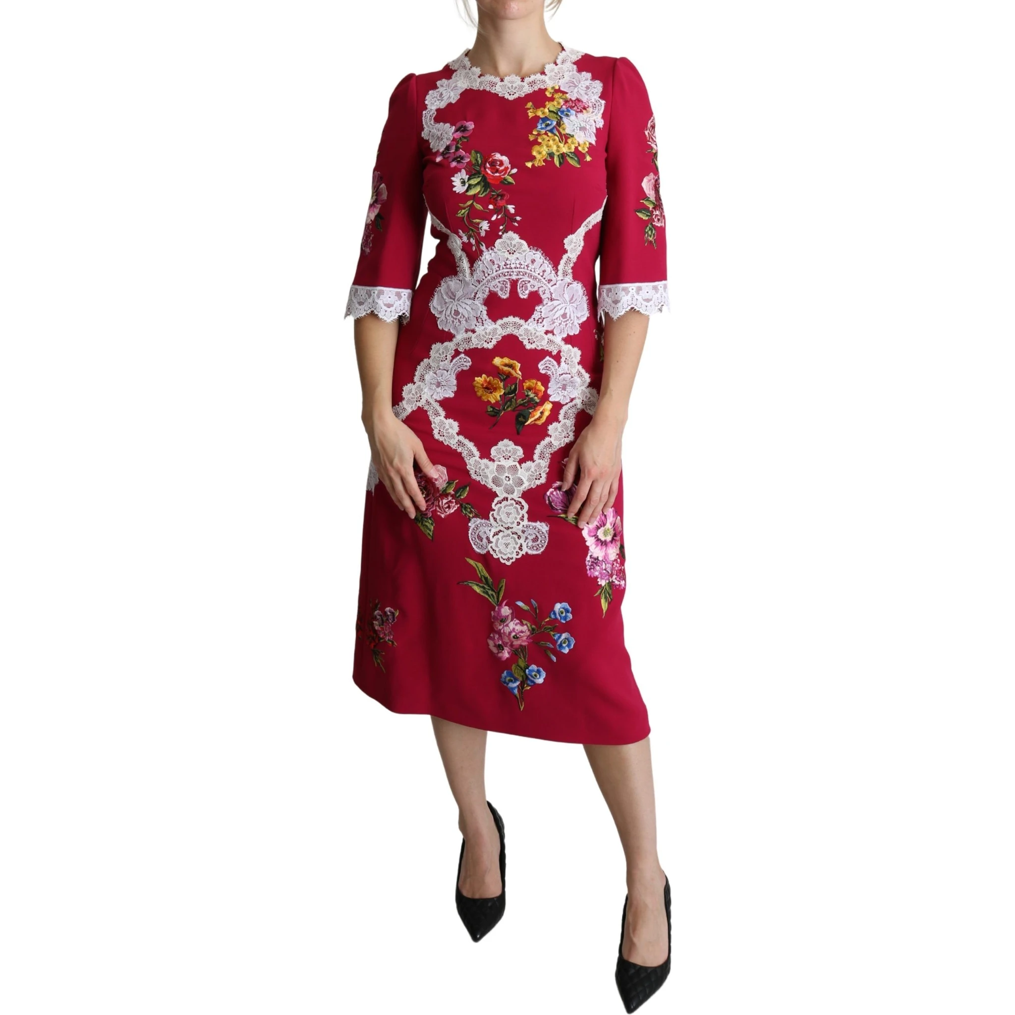 Red Floral Embroidered Sheath Midi Dress