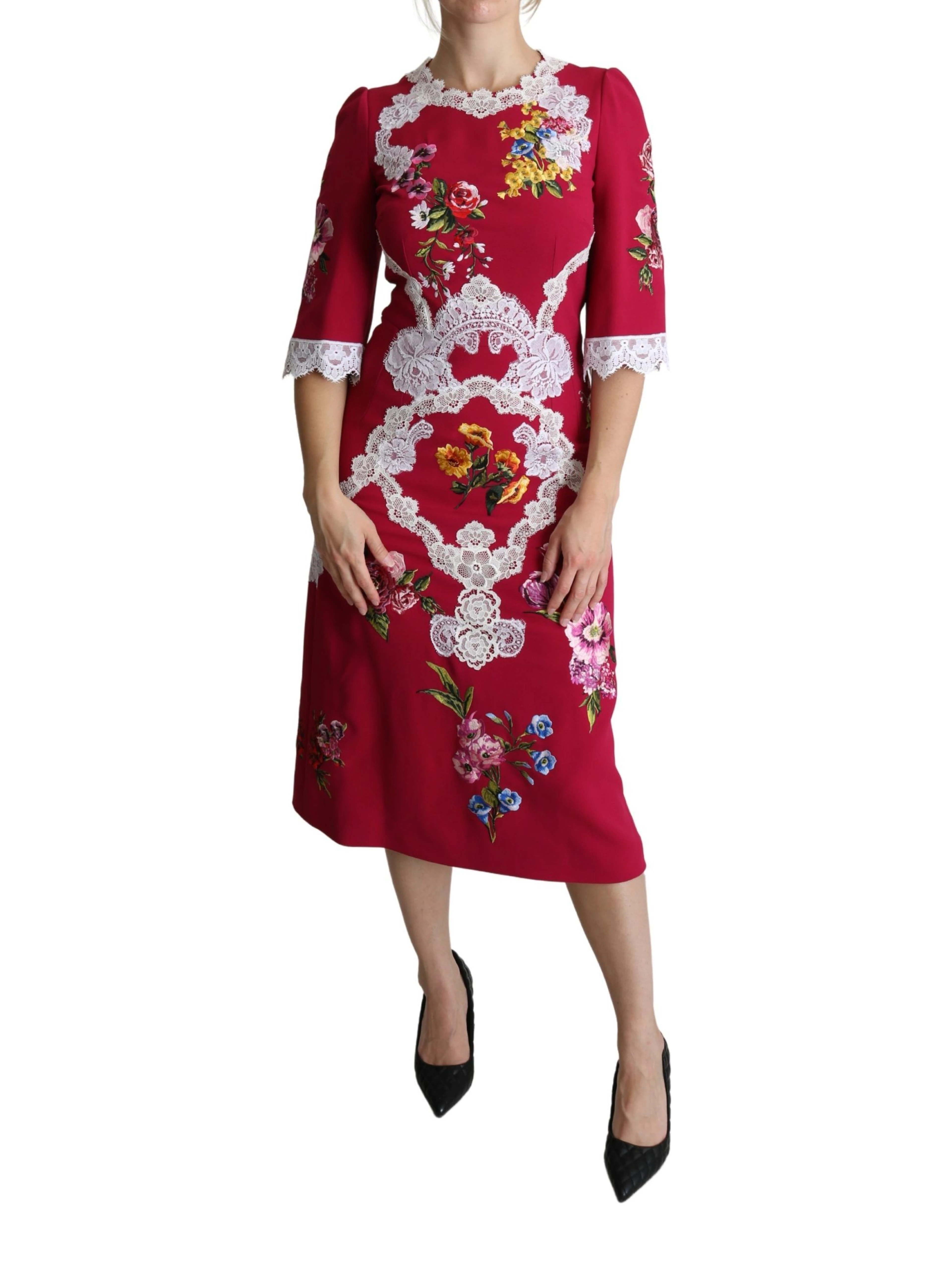 Red Floral Embroidered Sheath Midi Dress