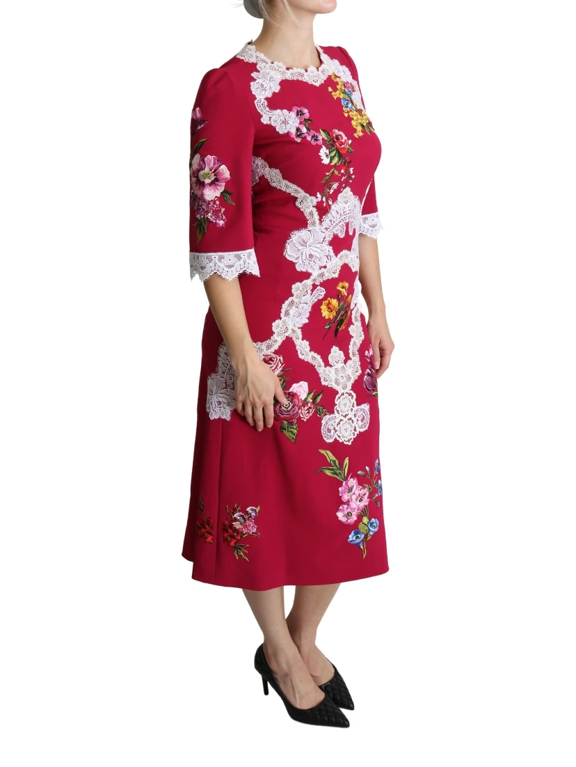 Red Floral Embroidered Sheath Midi Dress