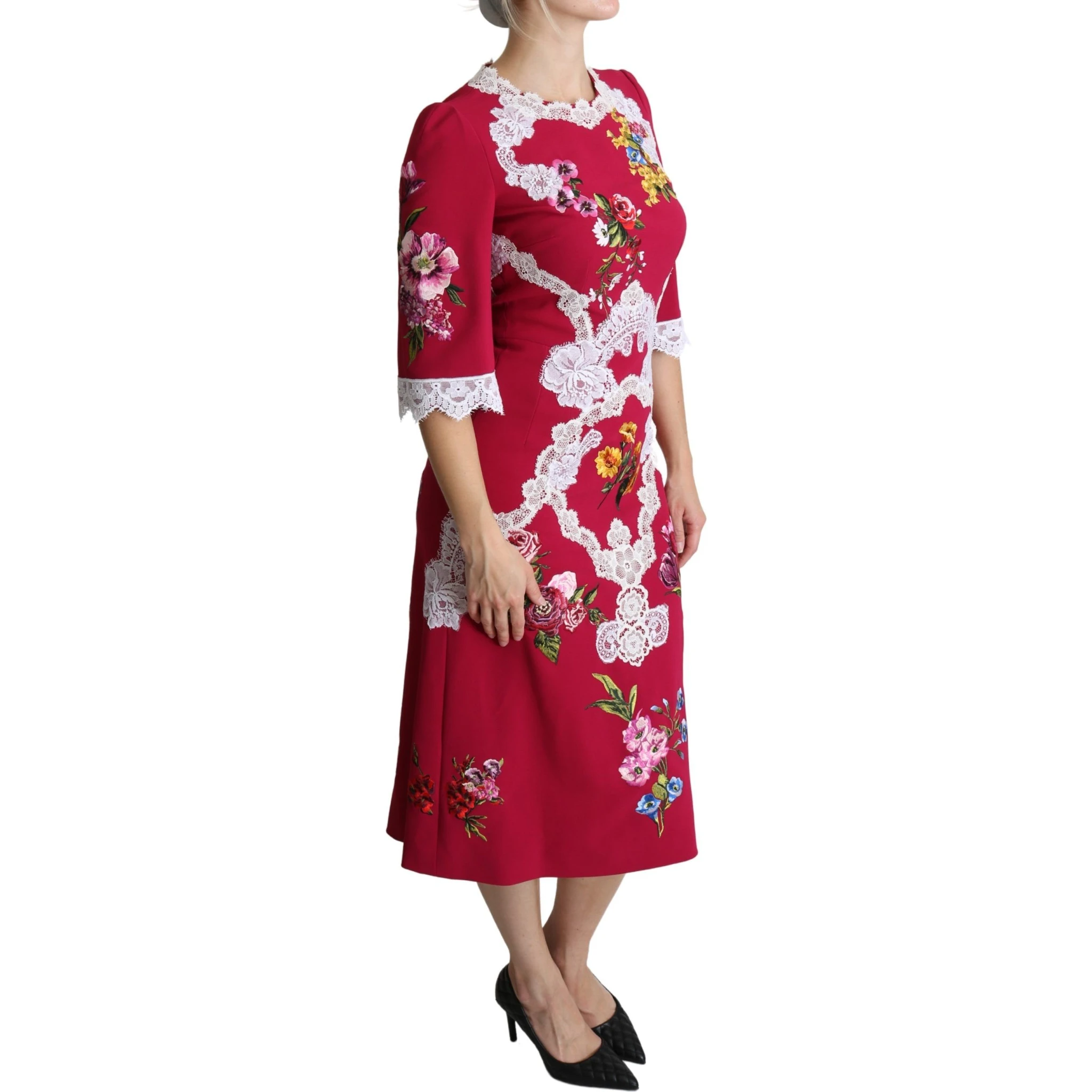 Red Floral Embroidered Sheath Midi Dress