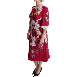 Red Floral Embroidered Sheath Midi Dress