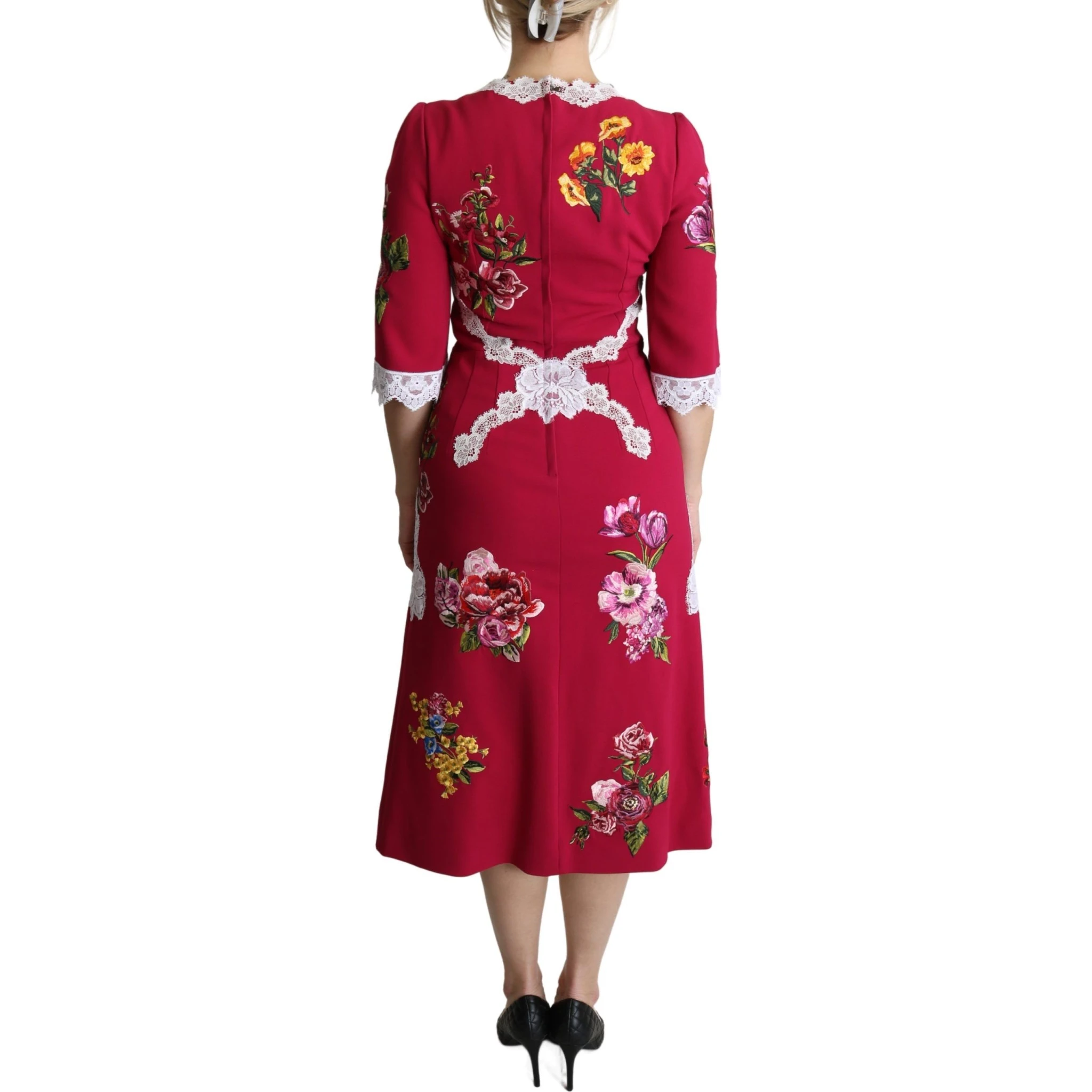 Red Floral Embroidered Sheath Midi Dress
