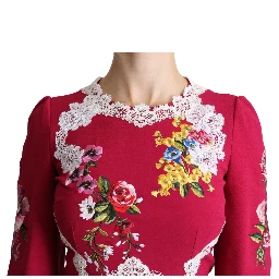 Red Floral Embroidered Sheath Midi Dress