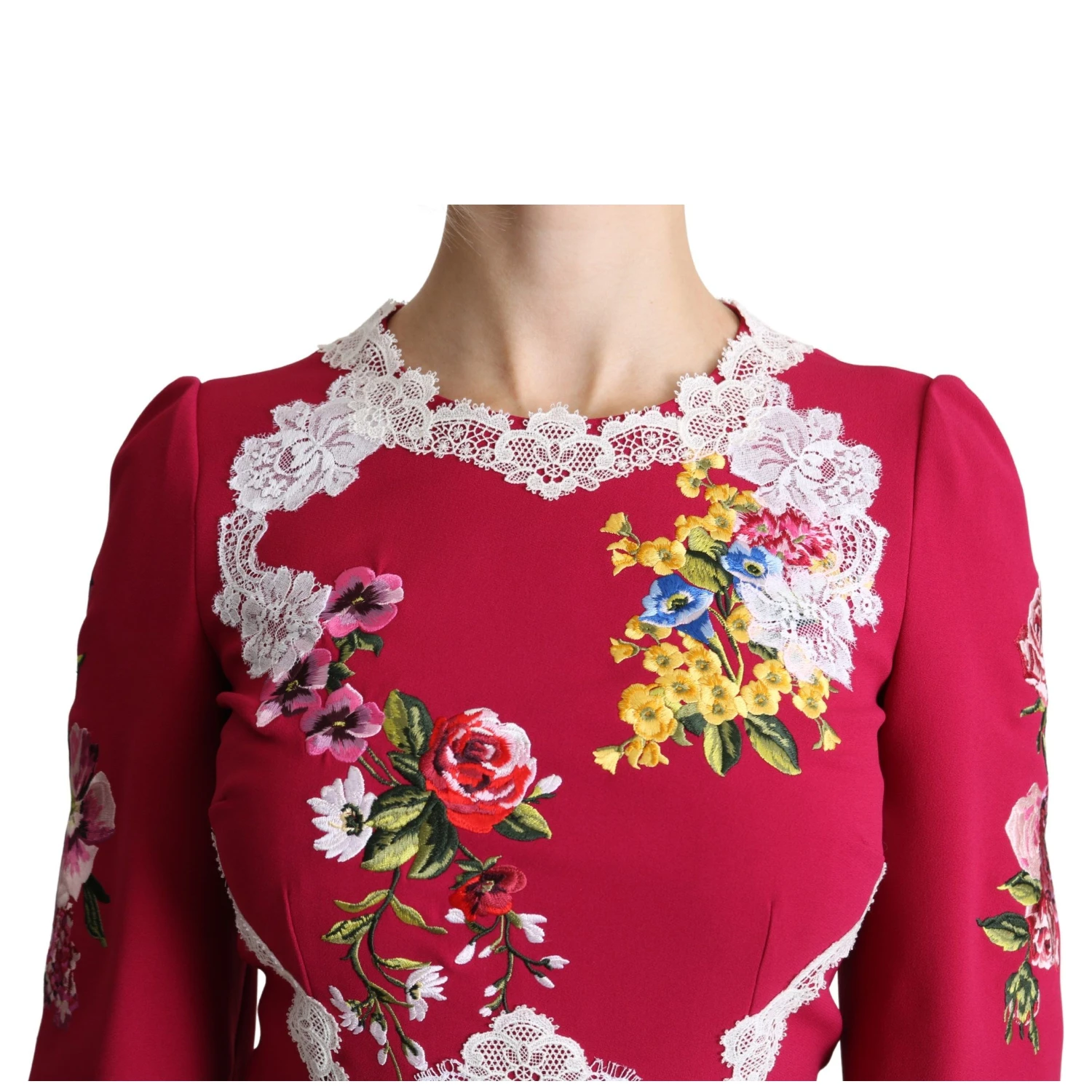 Red Floral Embroidered Sheath Midi Dress