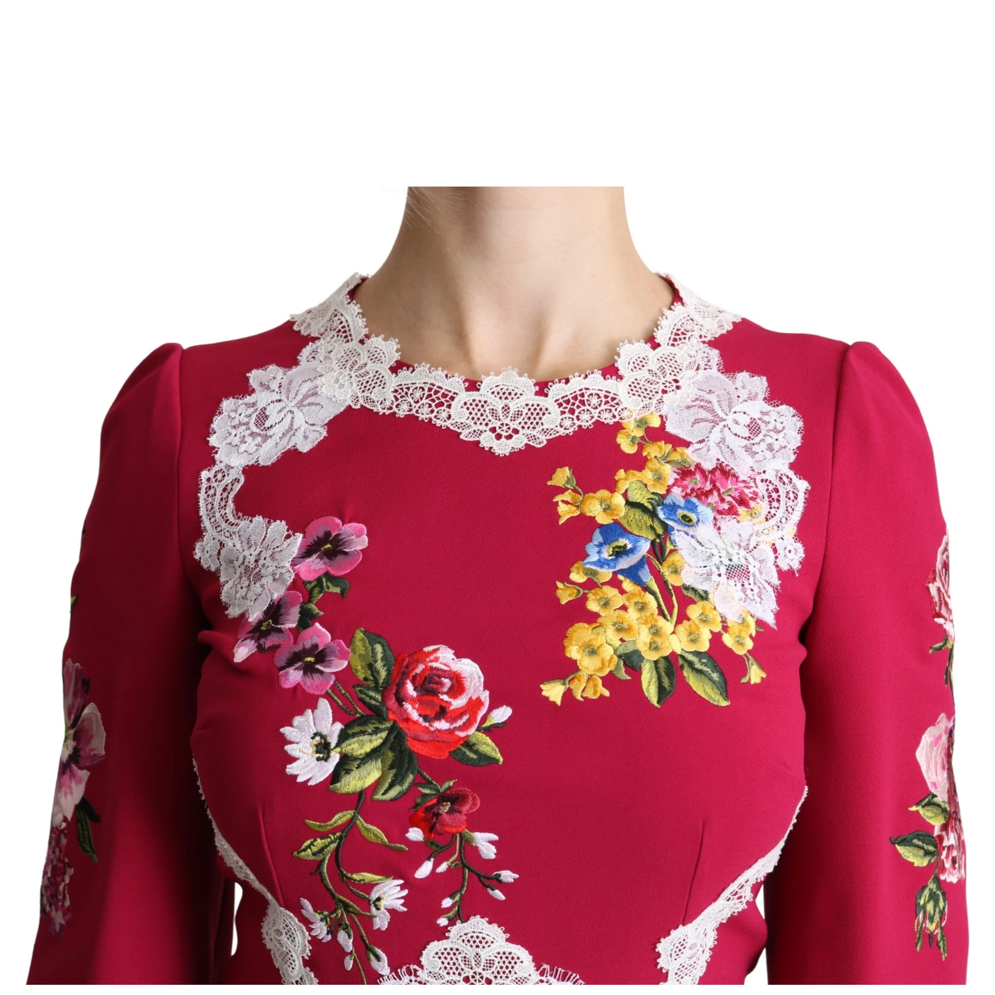 Red Floral Embroidered Sheath Midi Dress