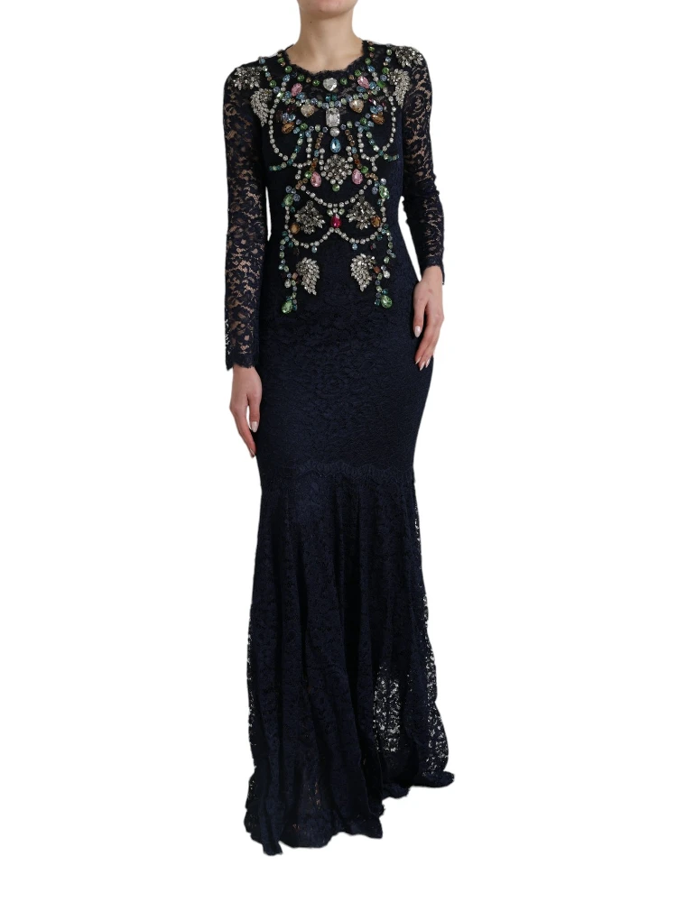 Blue Crystal Floral Lace Long Gown Dress