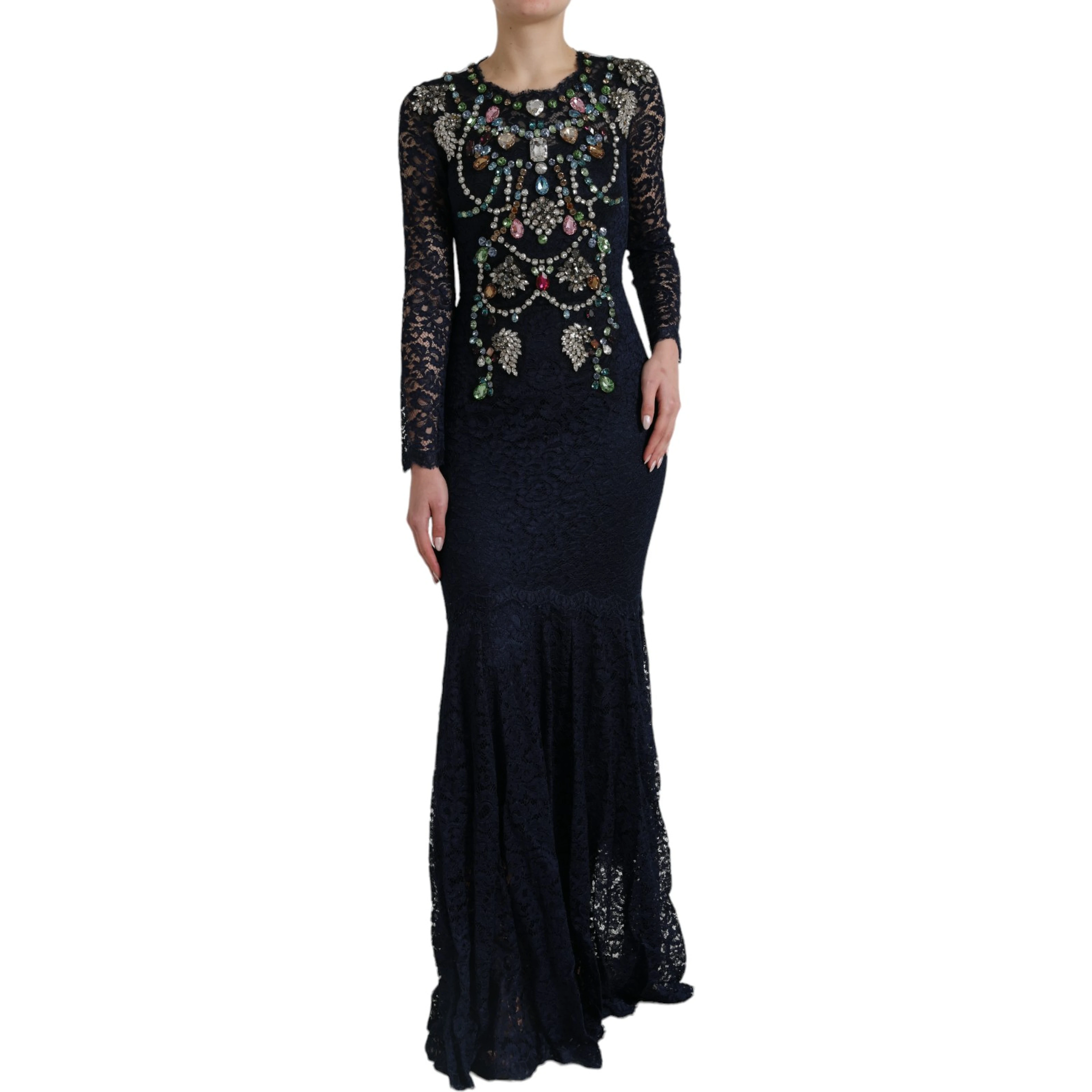 Blue Crystal Floral Lace Long Gown Dress