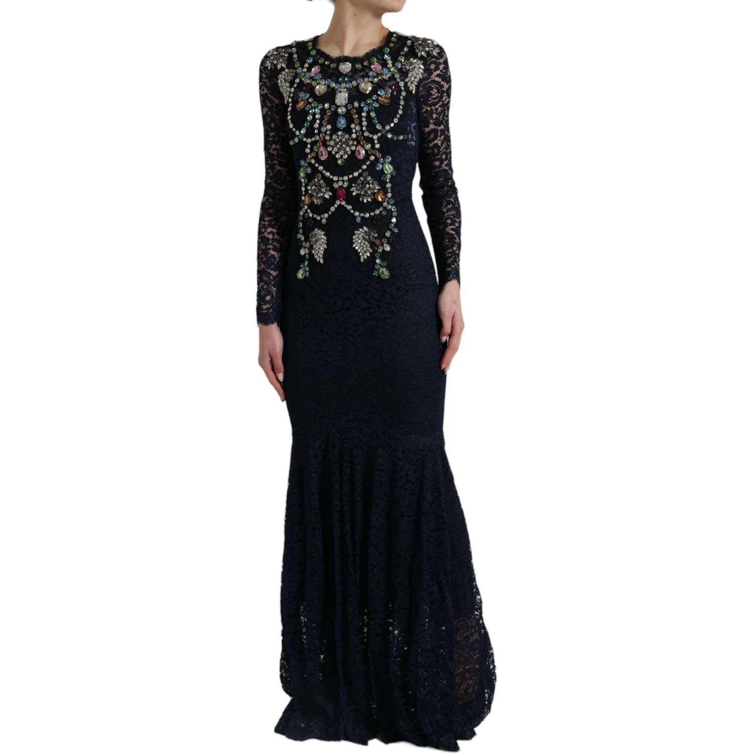 Blue Crystal Floral Lace Long Gown Dress