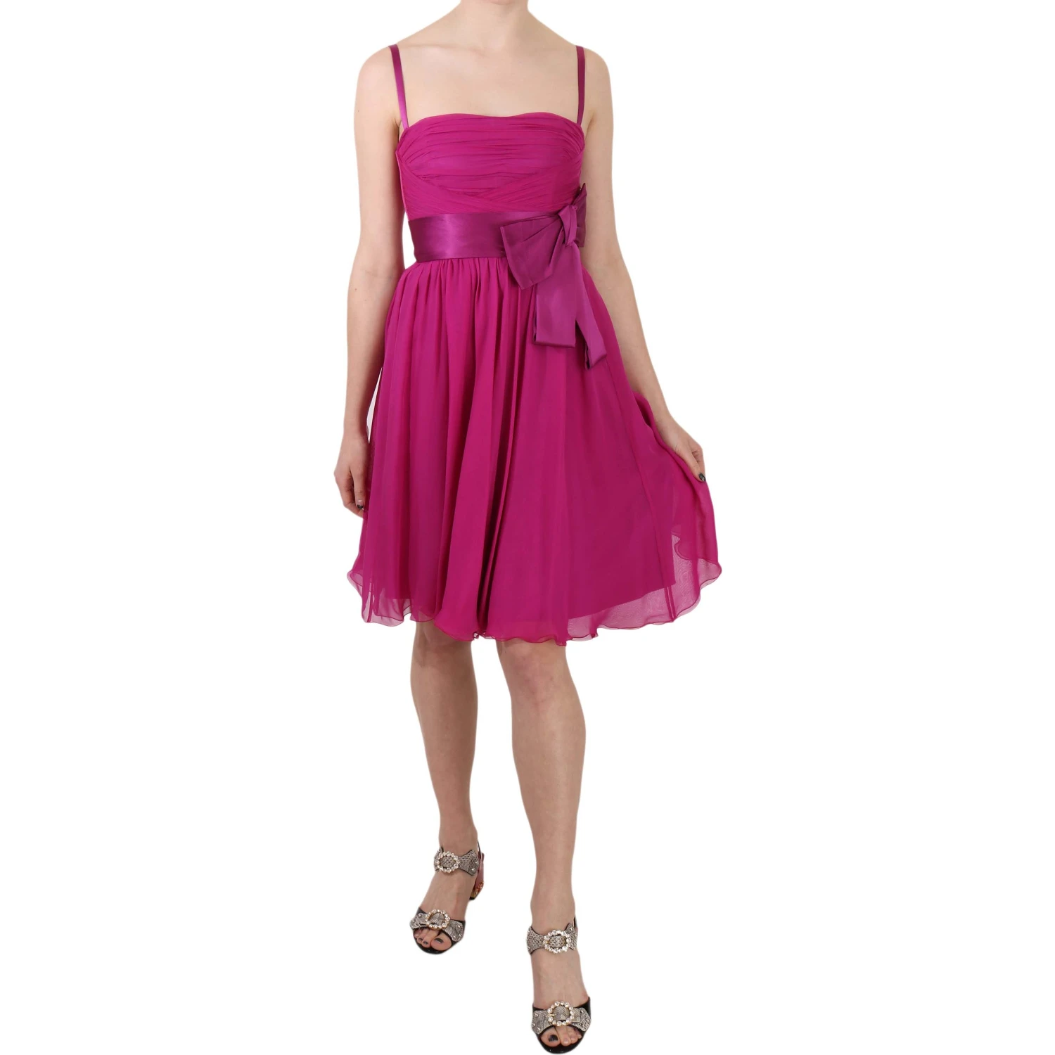 Fuchsia Pink Bow Silk Sleeveless Dress
