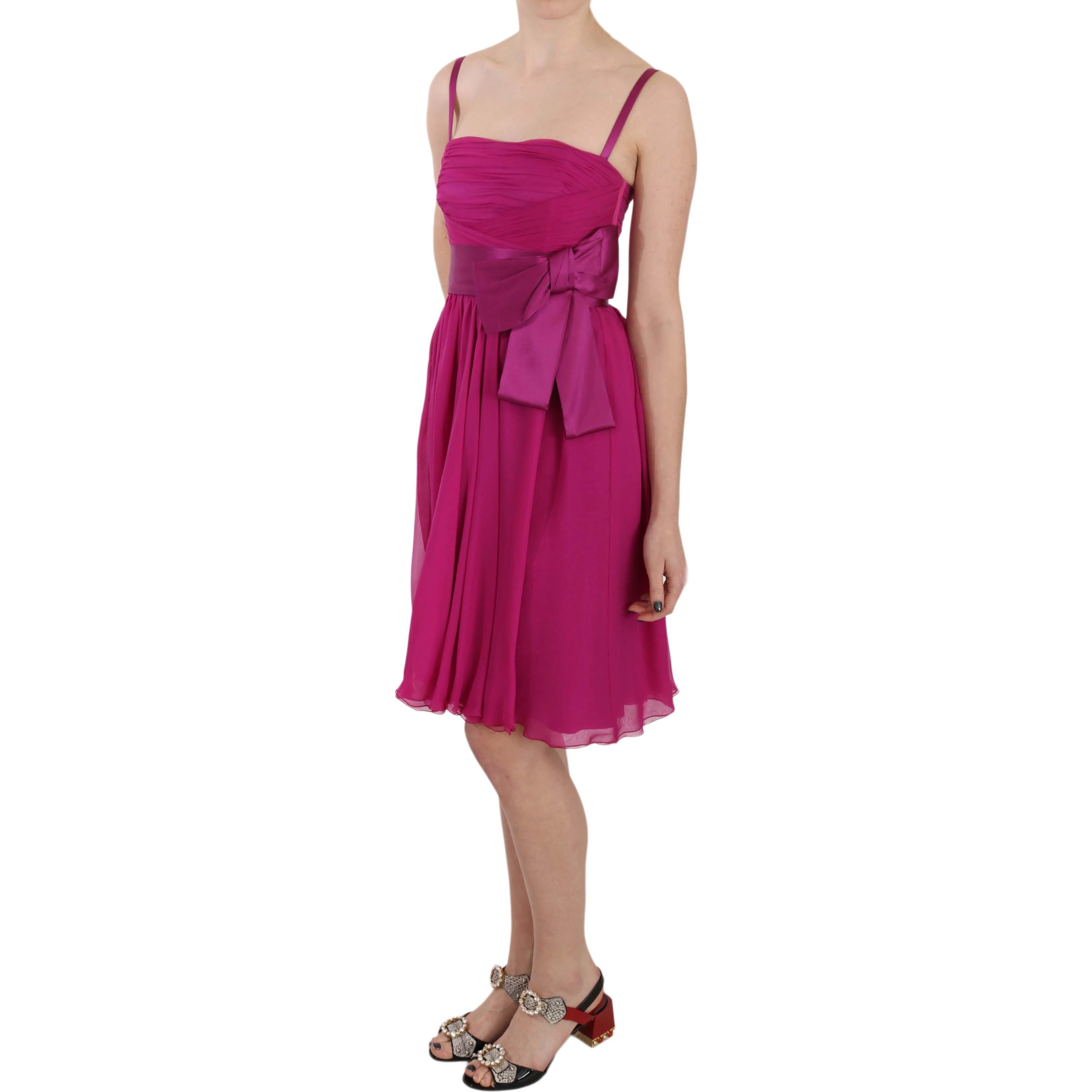 Fuchsia Pink Bow Silk Sleeveless Dress
