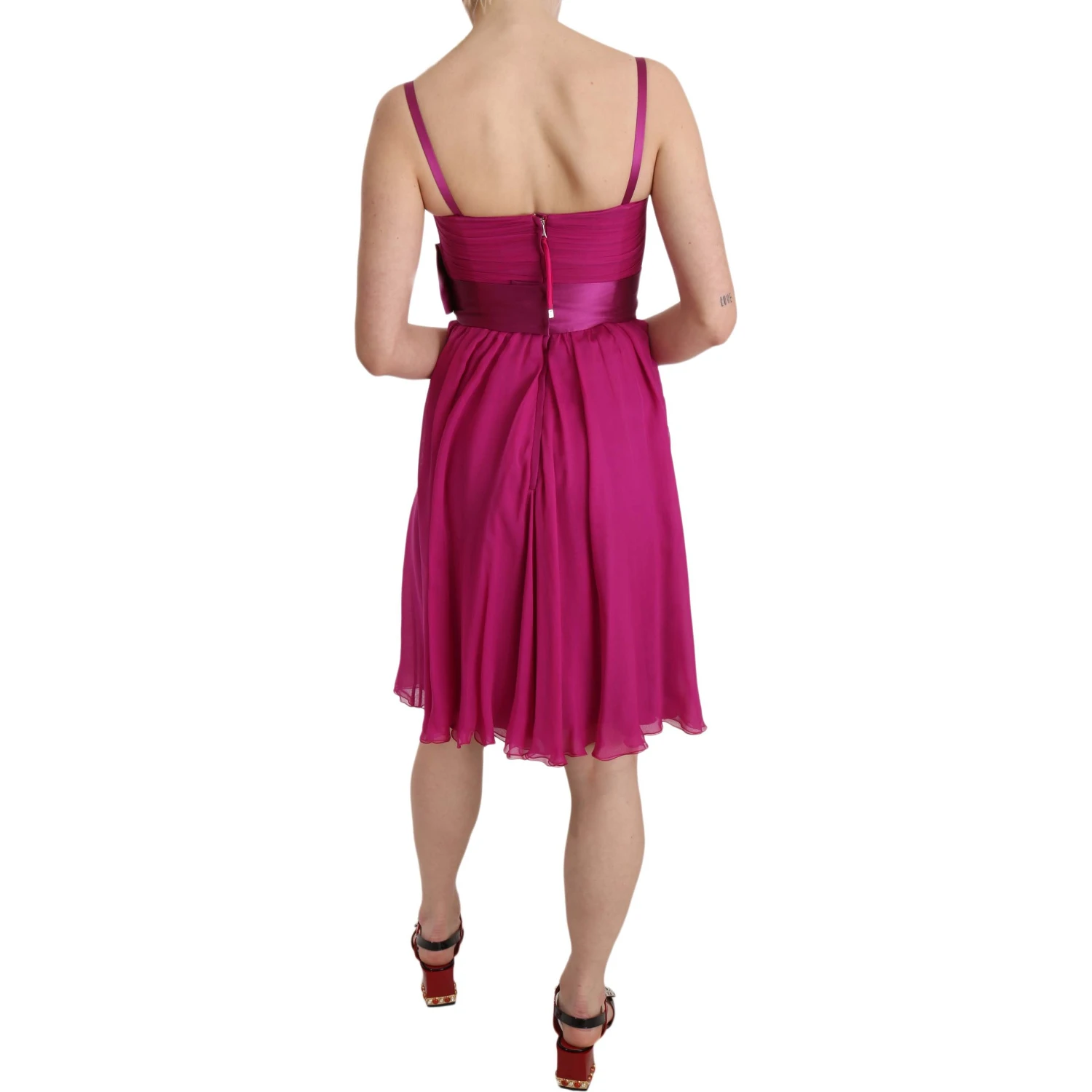 Fuchsia Pink Bow Silk Sleeveless Dress