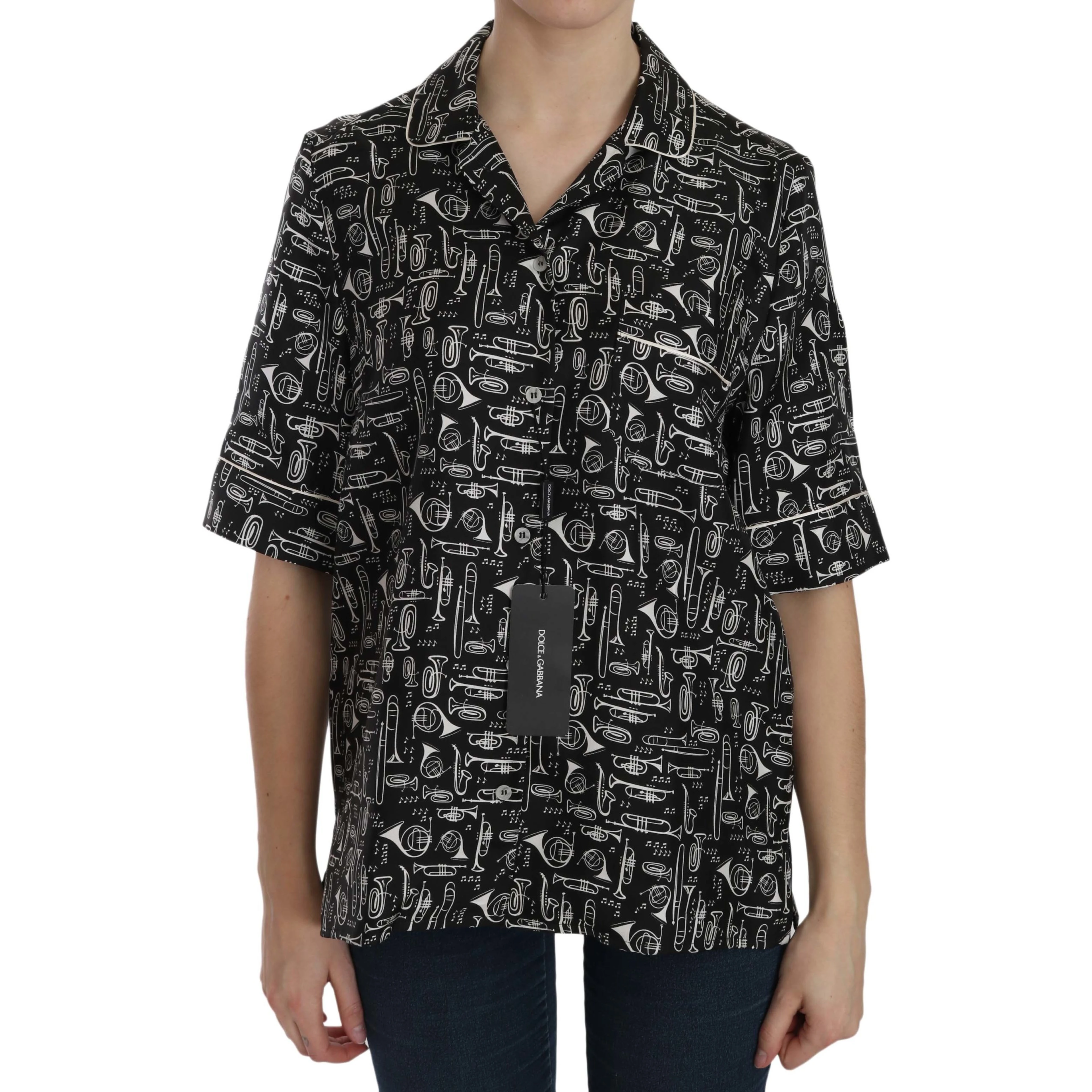 Black Musical Instrument Print Silk  Top