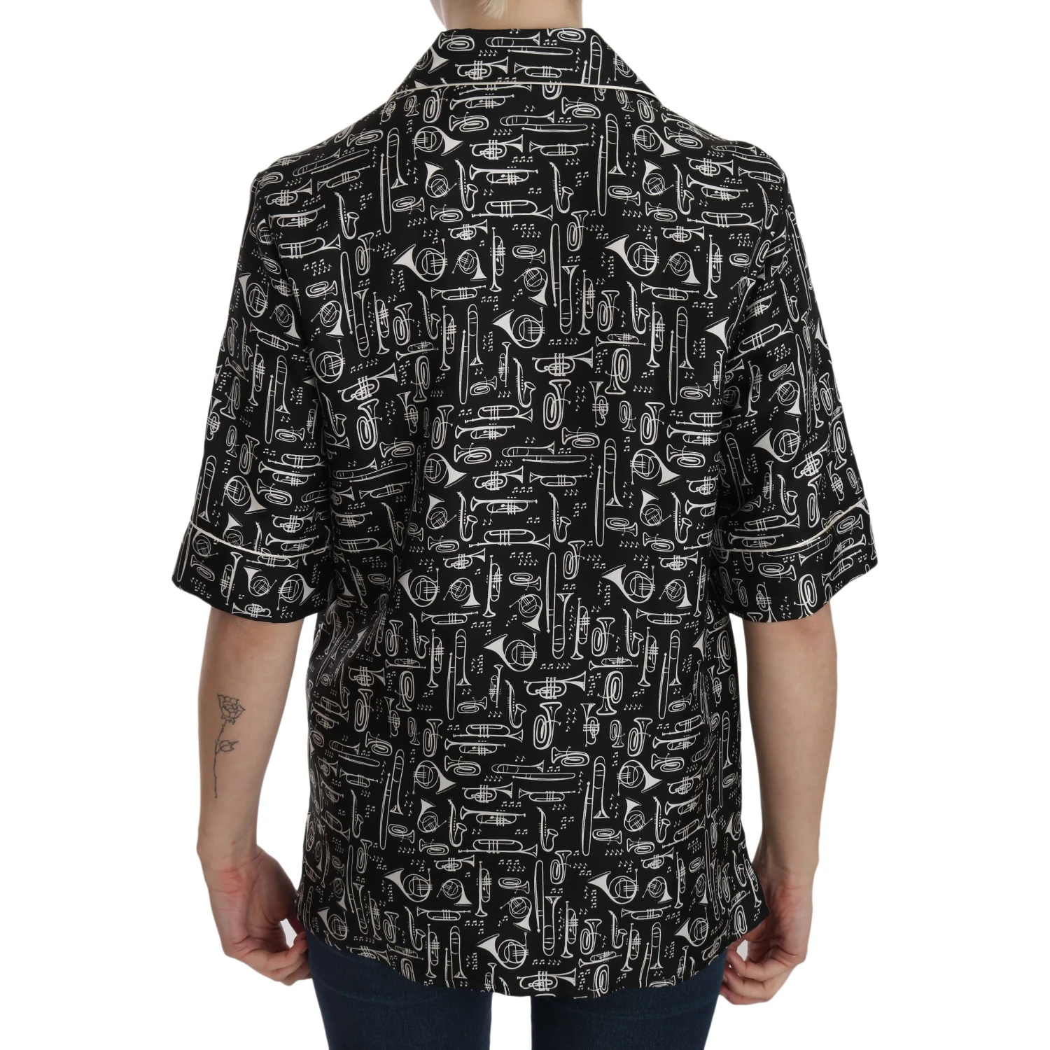 Black Musical Instrument Print Silk  Top
