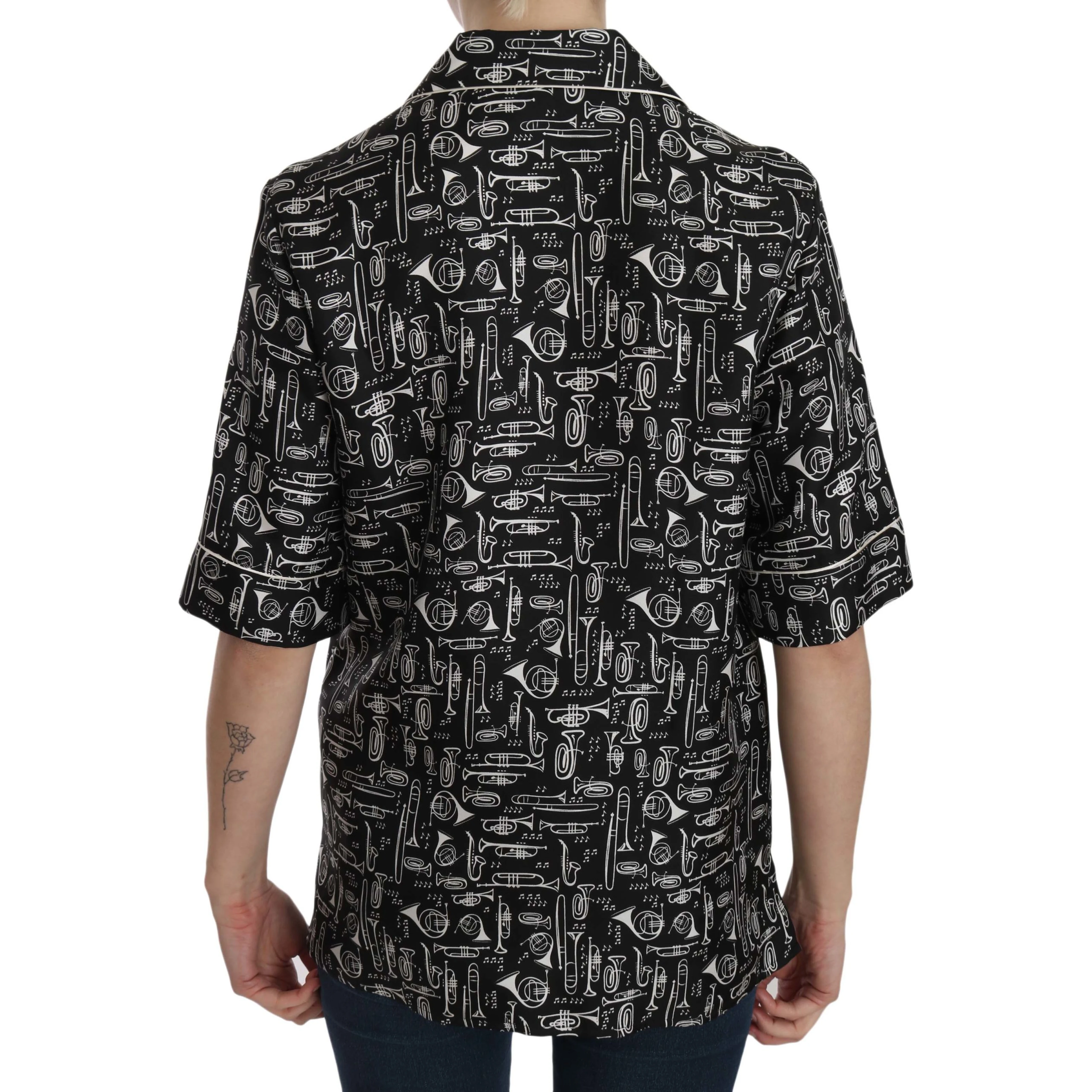 Black Musical Instrument Print Silk  Top