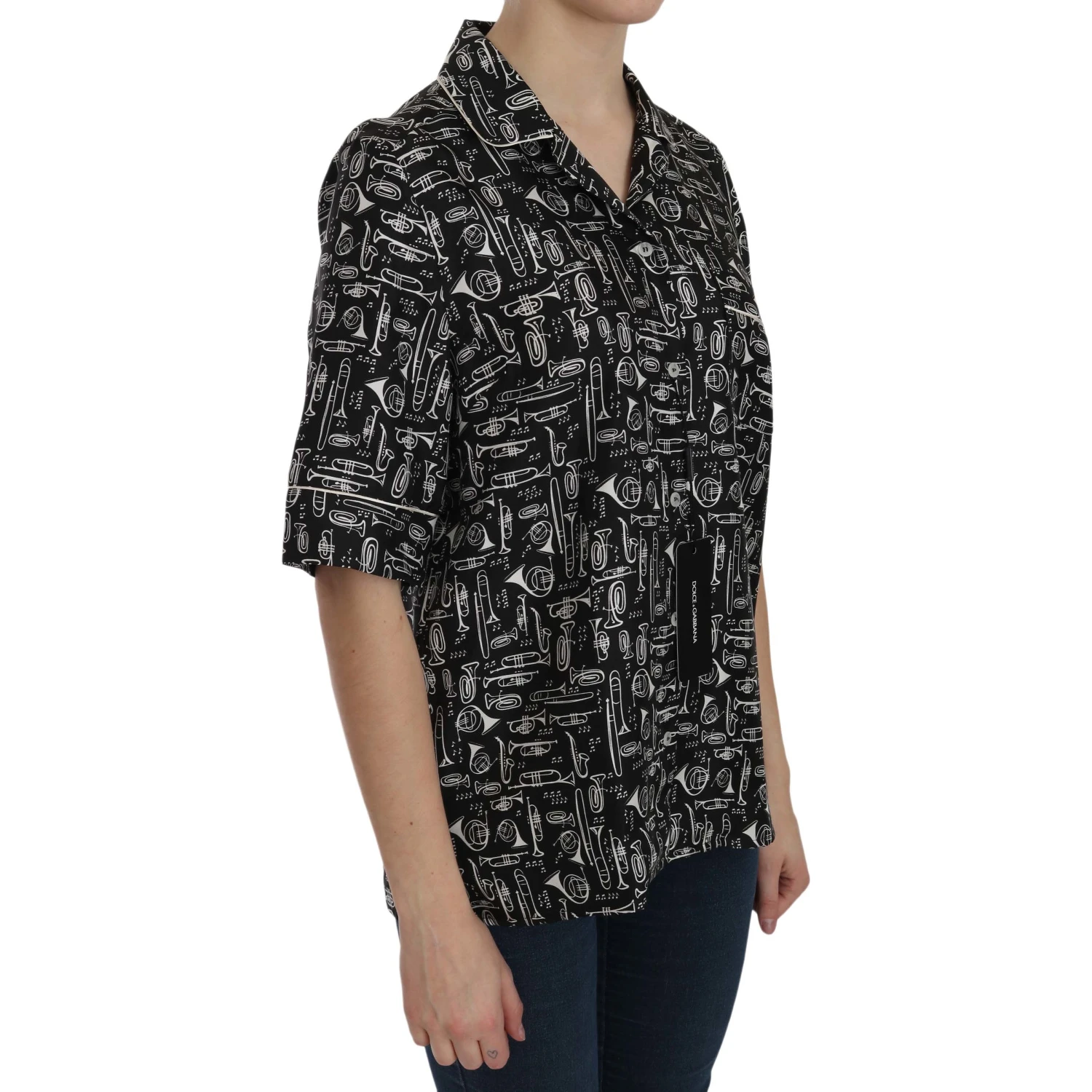 Black Musical Instrument Print Silk  Top