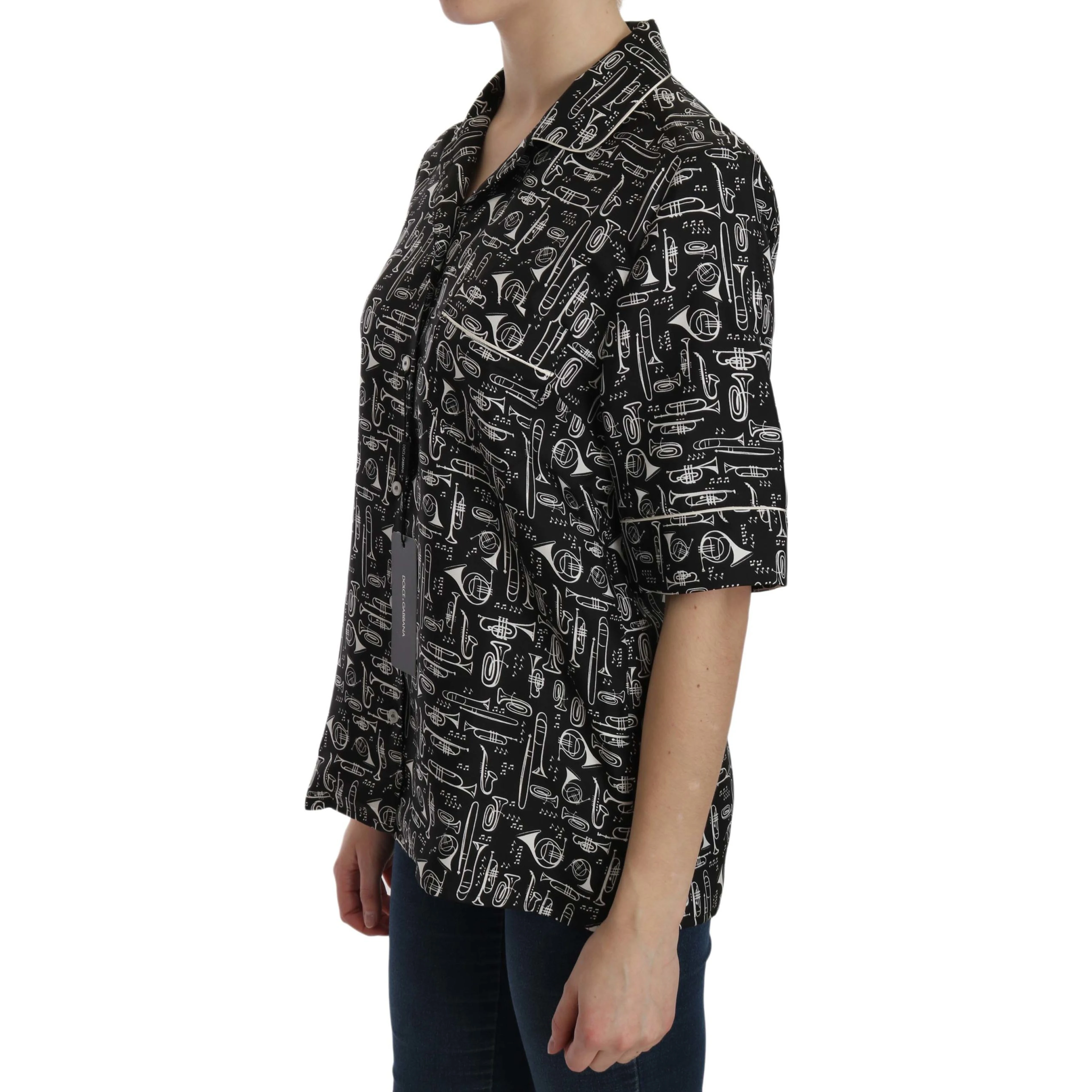 Black Musical Instrument Print Silk  Top