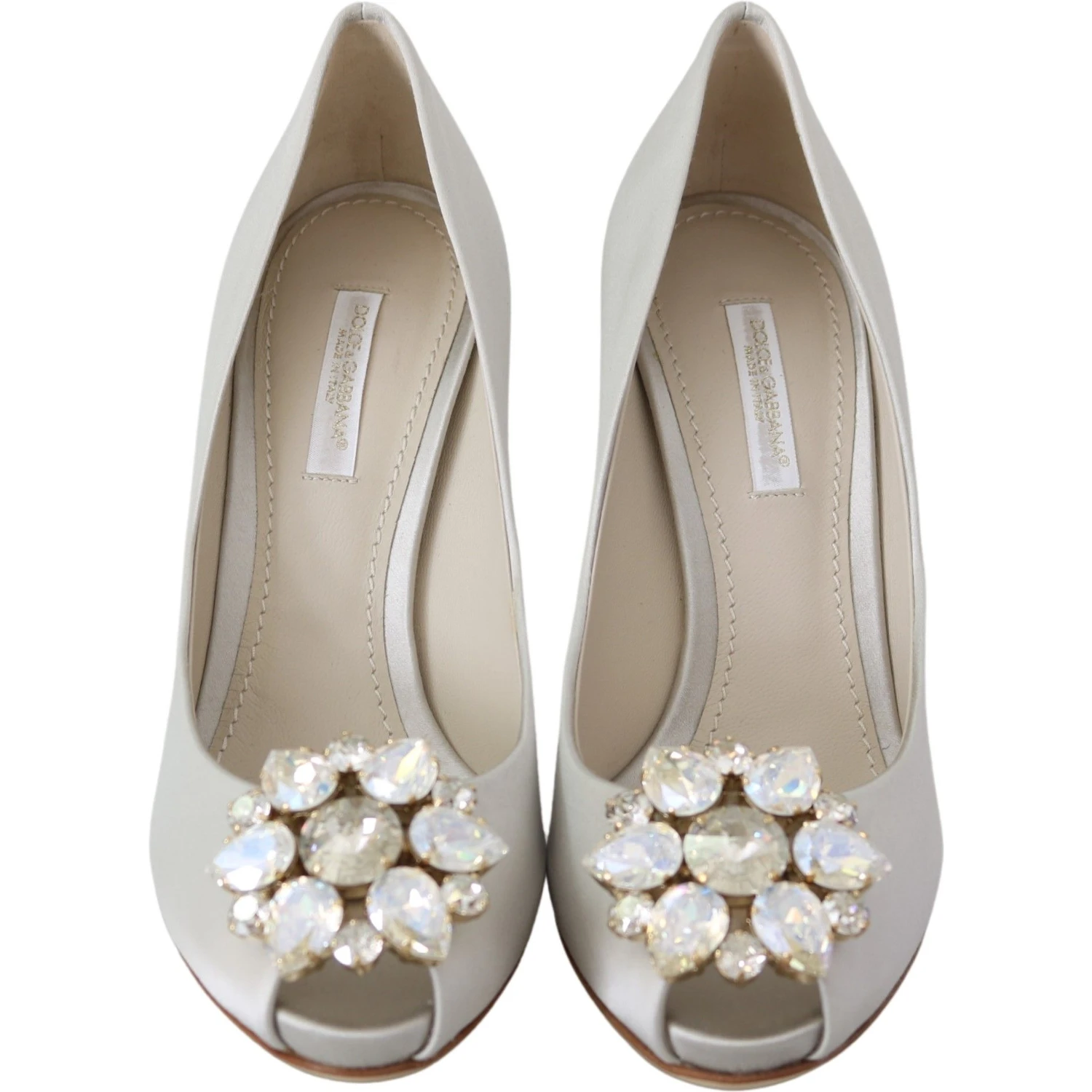 White Crystals Peep Toe Heels Satin Pumps Shoes