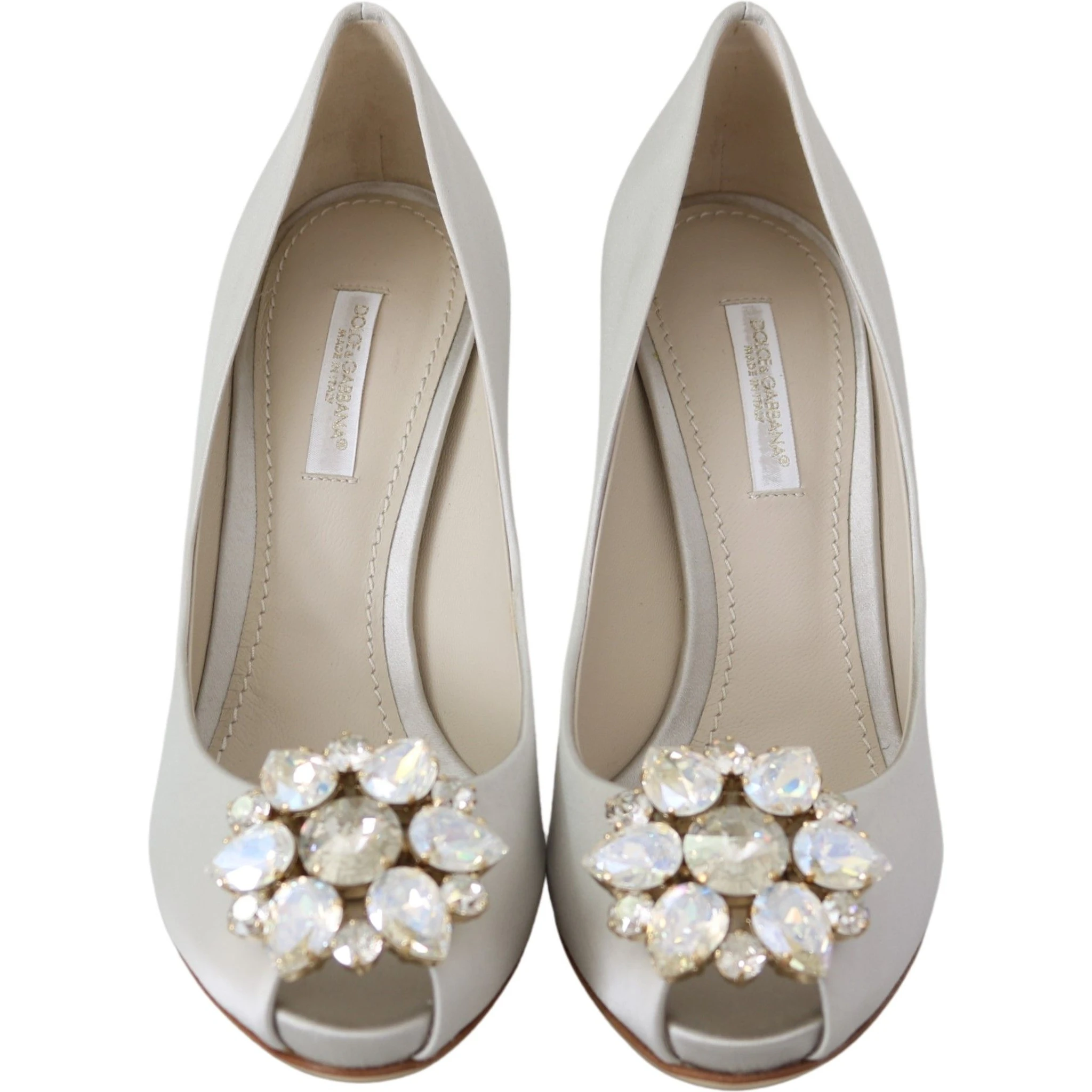 White Crystals Peep Toe Heels Satin Pumps Shoes