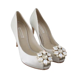 White Crystals Peep Toe Heels Satin Pumps Shoes