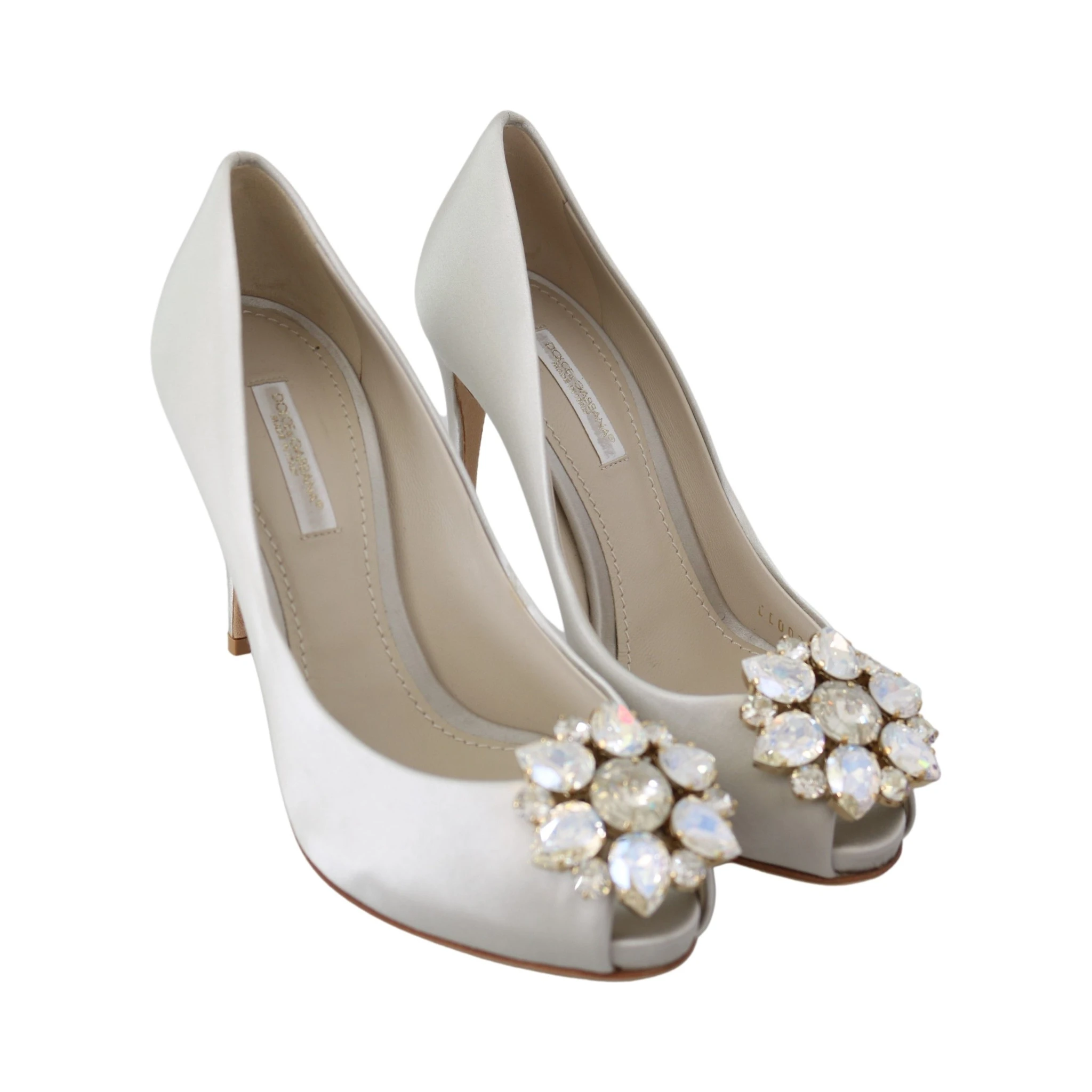 White Crystals Peep Toe Heels Satin Pumps Shoes
