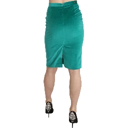 Green Solid Twill Knee Length Pencil Midi Skirt