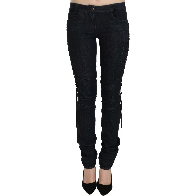 Blue Low Waist Skinny Trousers Braided String Pants
