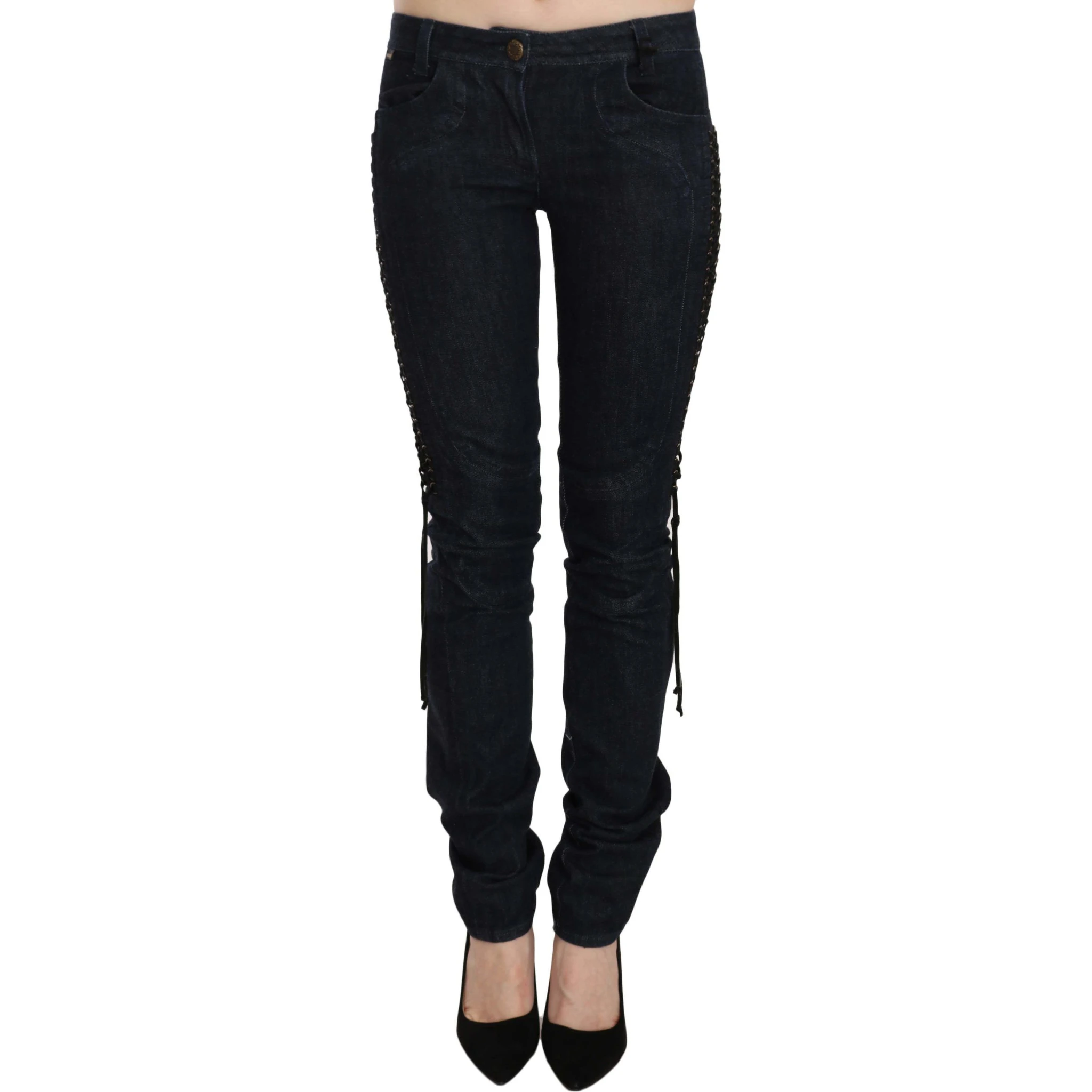 Blue Low Waist Skinny Trousers Braided String Pants
