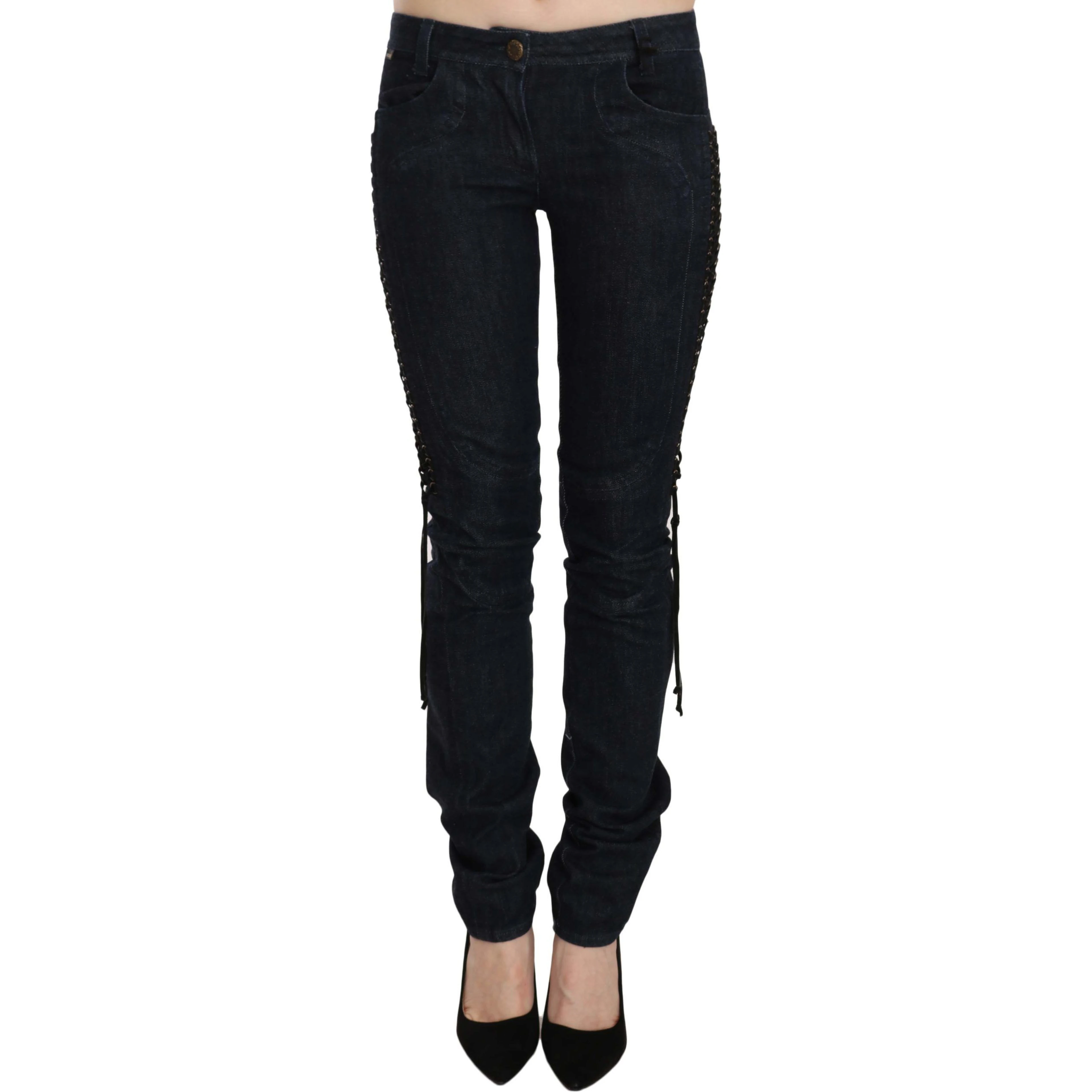 Blue Low Waist Skinny Trousers Braided String Pants