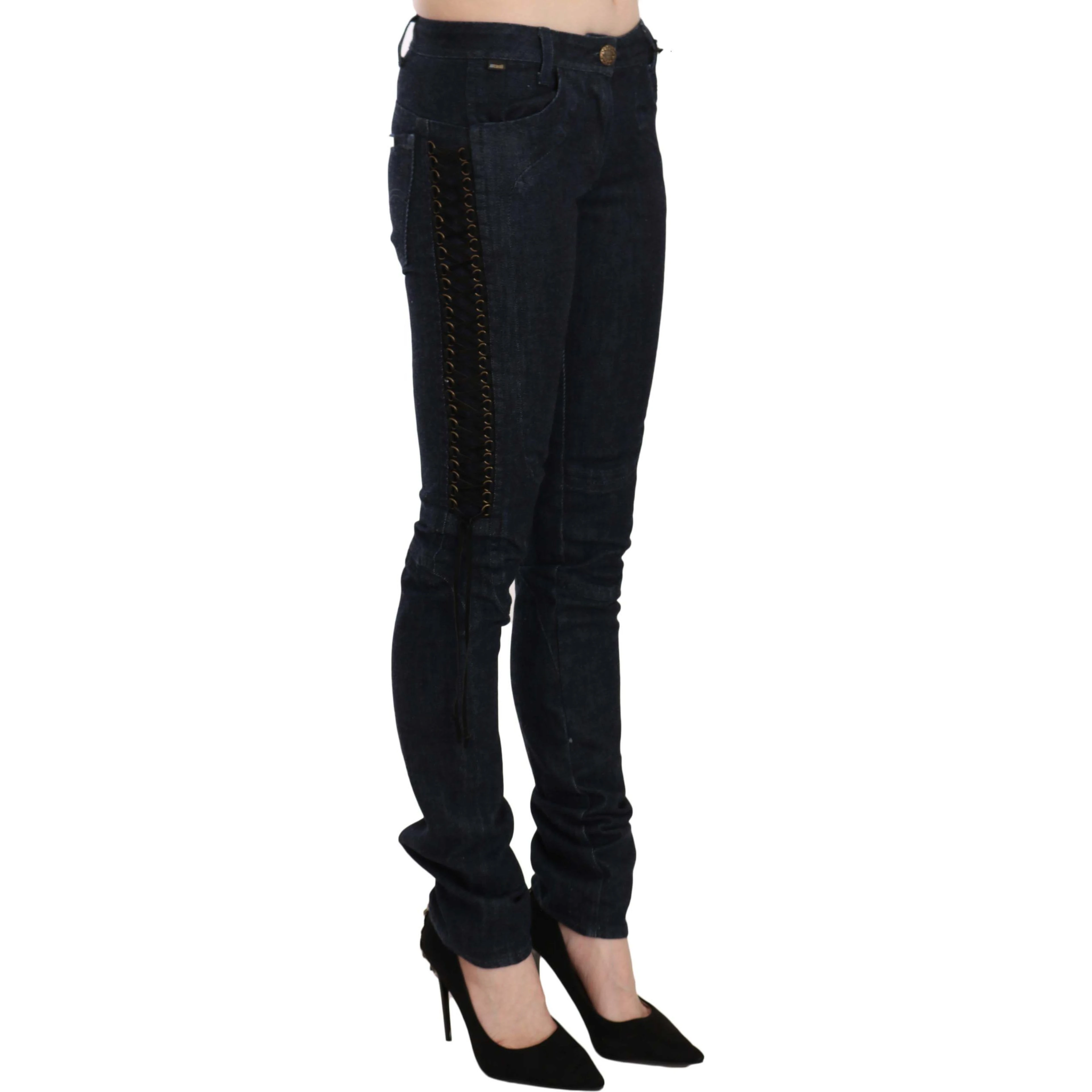 Blue Low Waist Skinny Trousers Braided String Pants