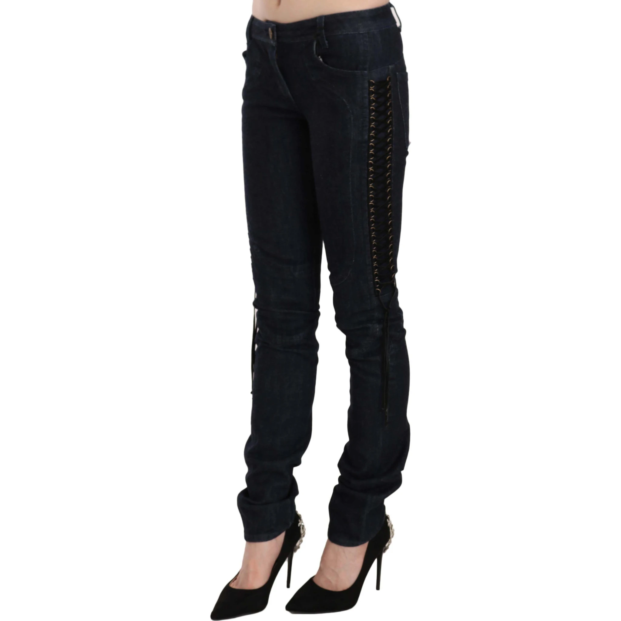 Blue Low Waist Skinny Trousers Braided String Pants